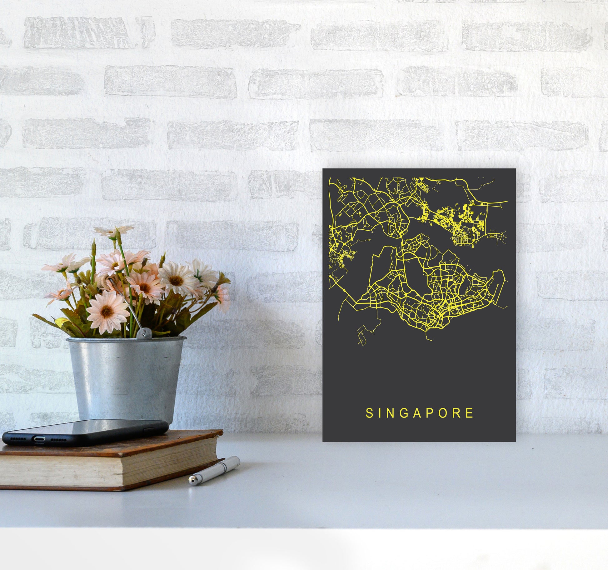 Singapore Map Neon Art Print by Pixy Paper A4 Black Frame