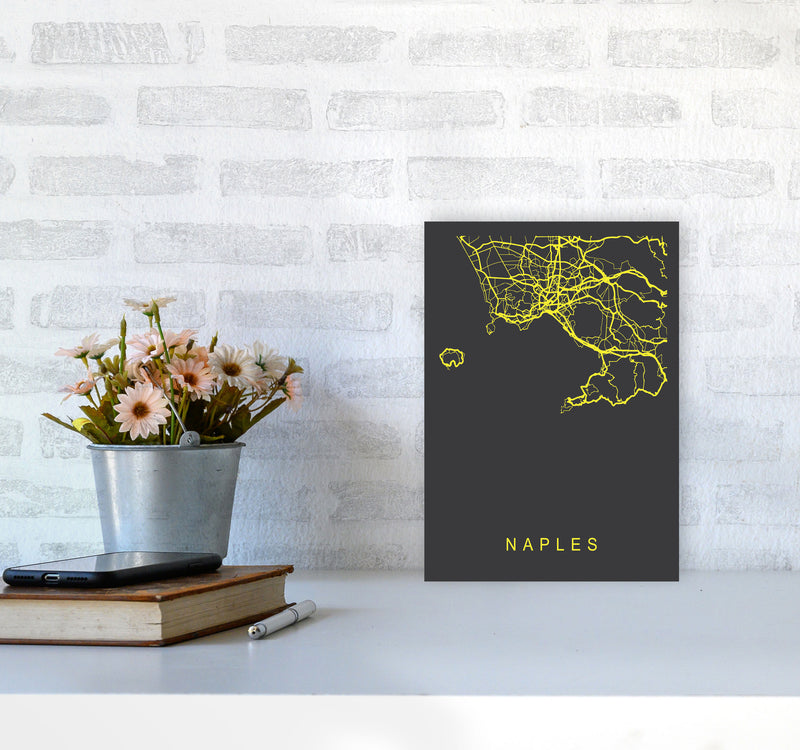 Naples Map Neon Art Print by Pixy Paper A4 Black Frame