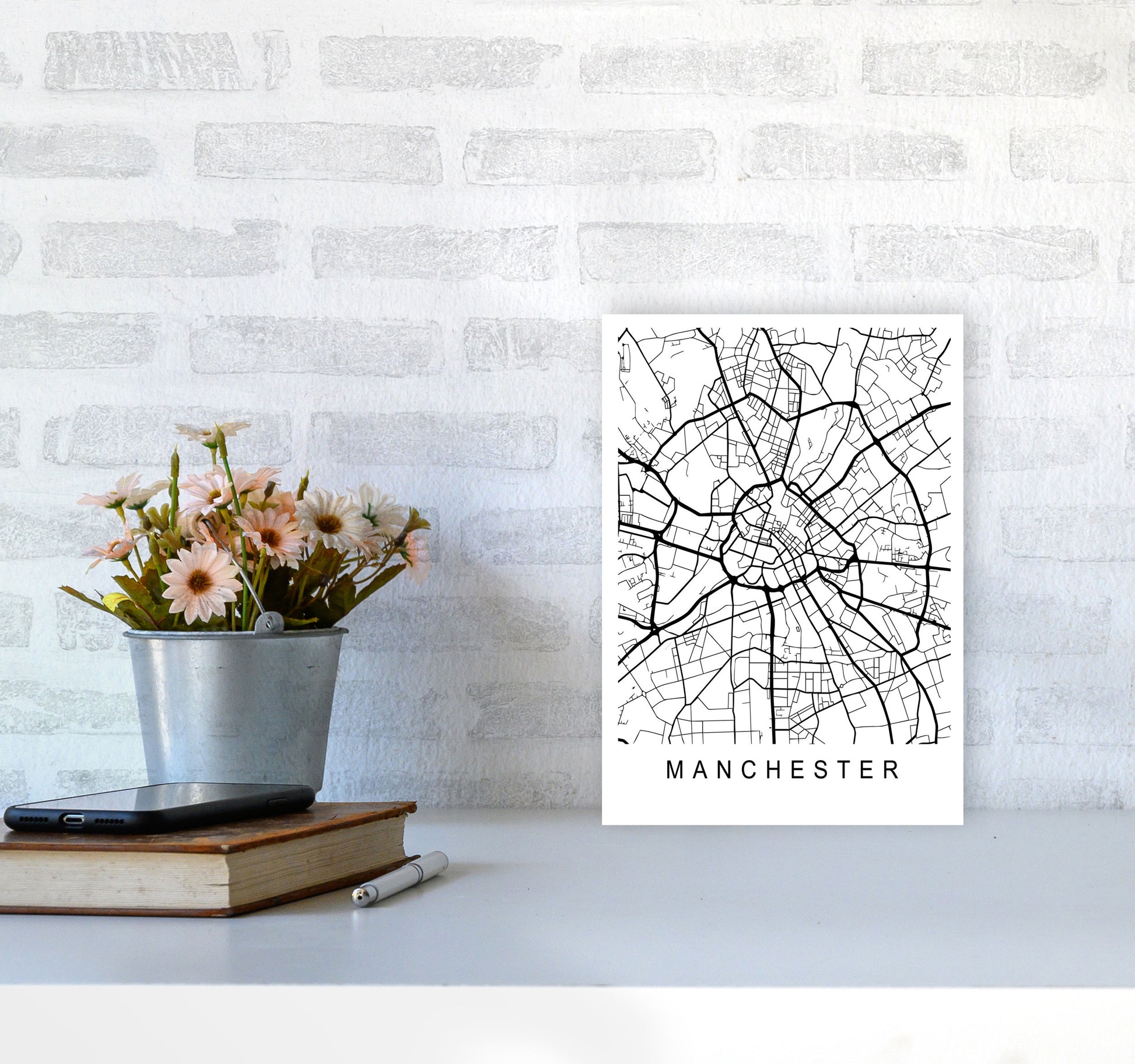 Manchester Map Art Print by Pixy Paper A4 Black Frame