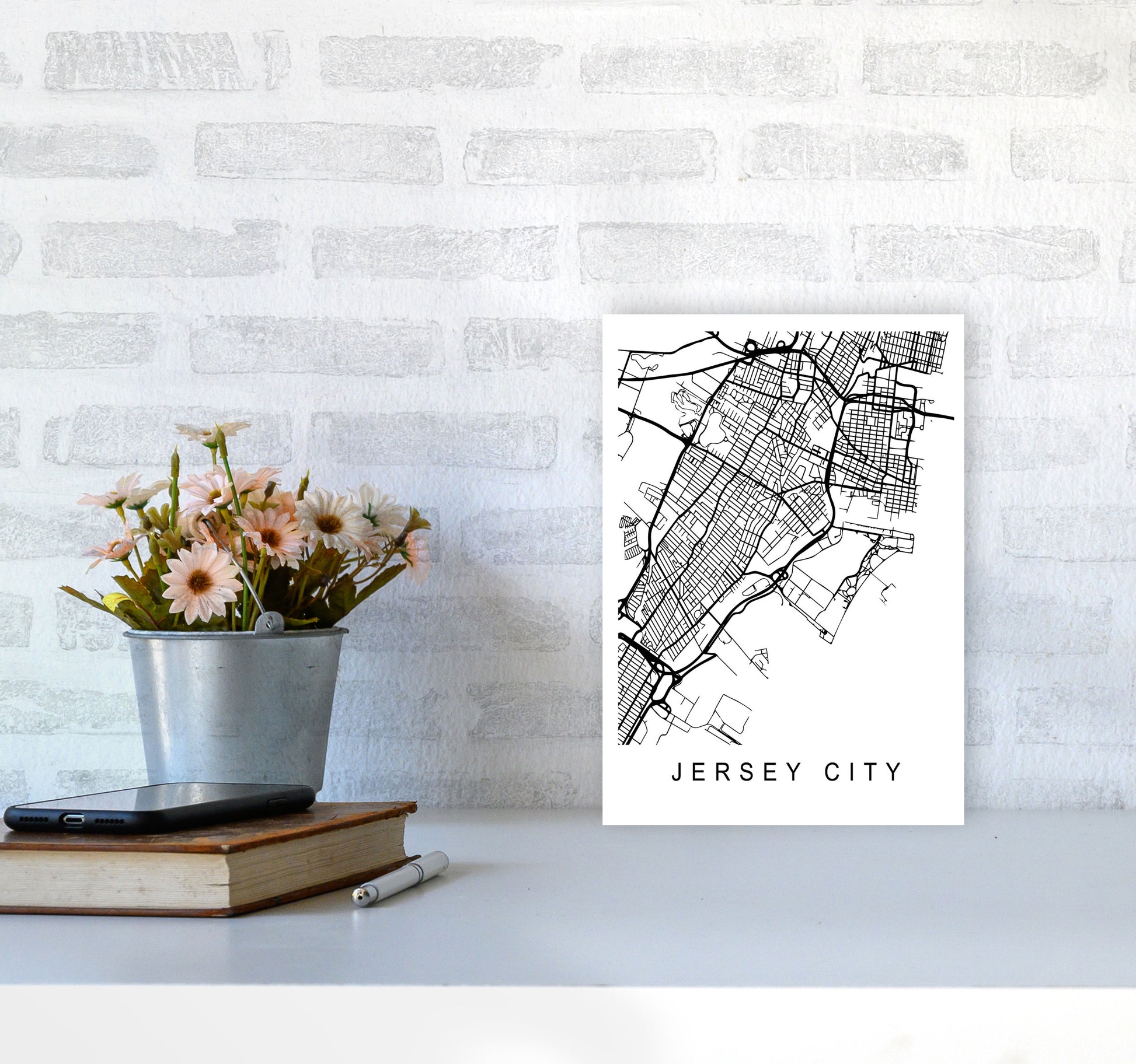 Jersey City Map Art Print by Pixy Paper A4 Black Frame