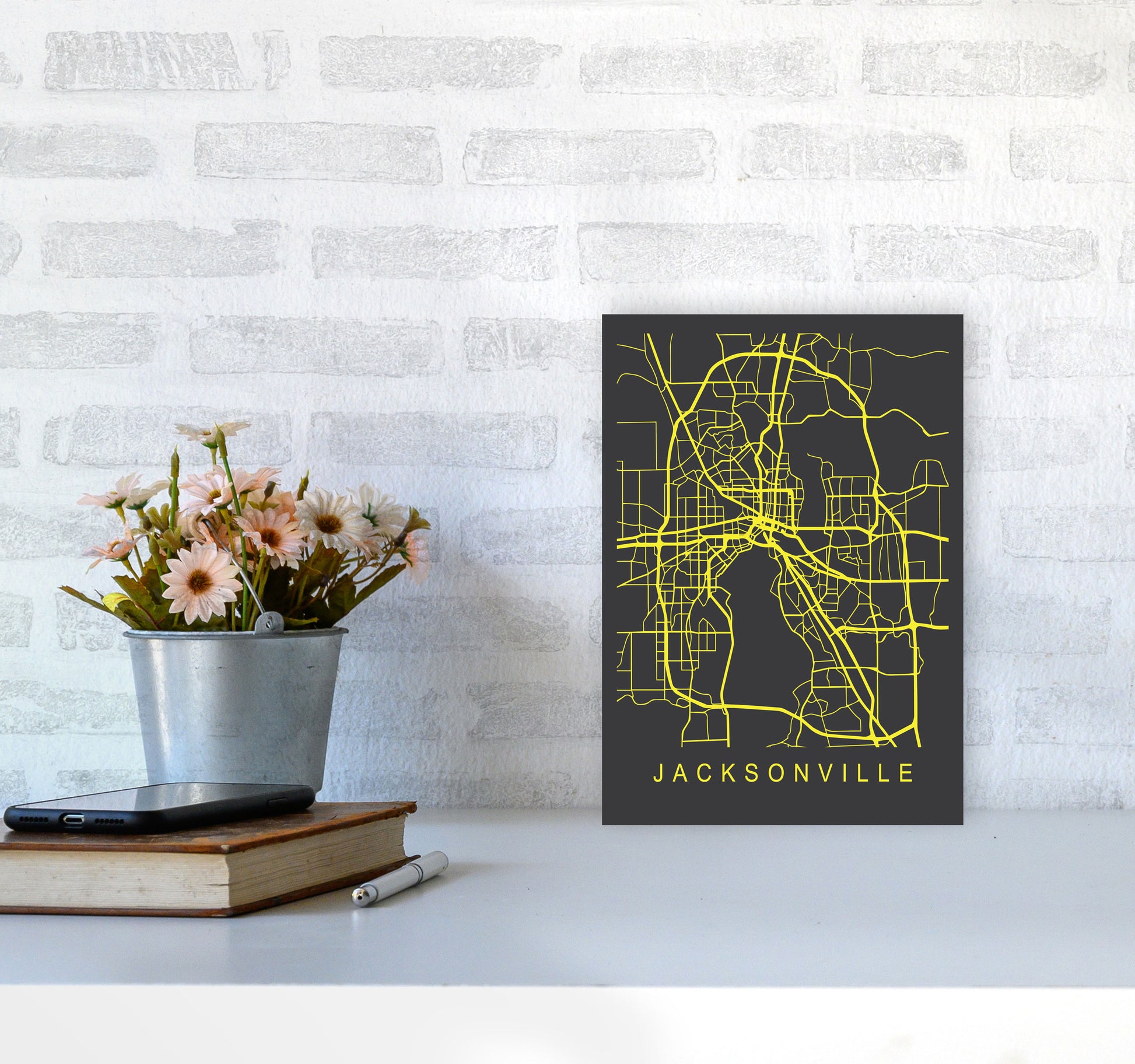 Jacksonville Map Neon Art Print by Pixy Paper A4 Black Frame