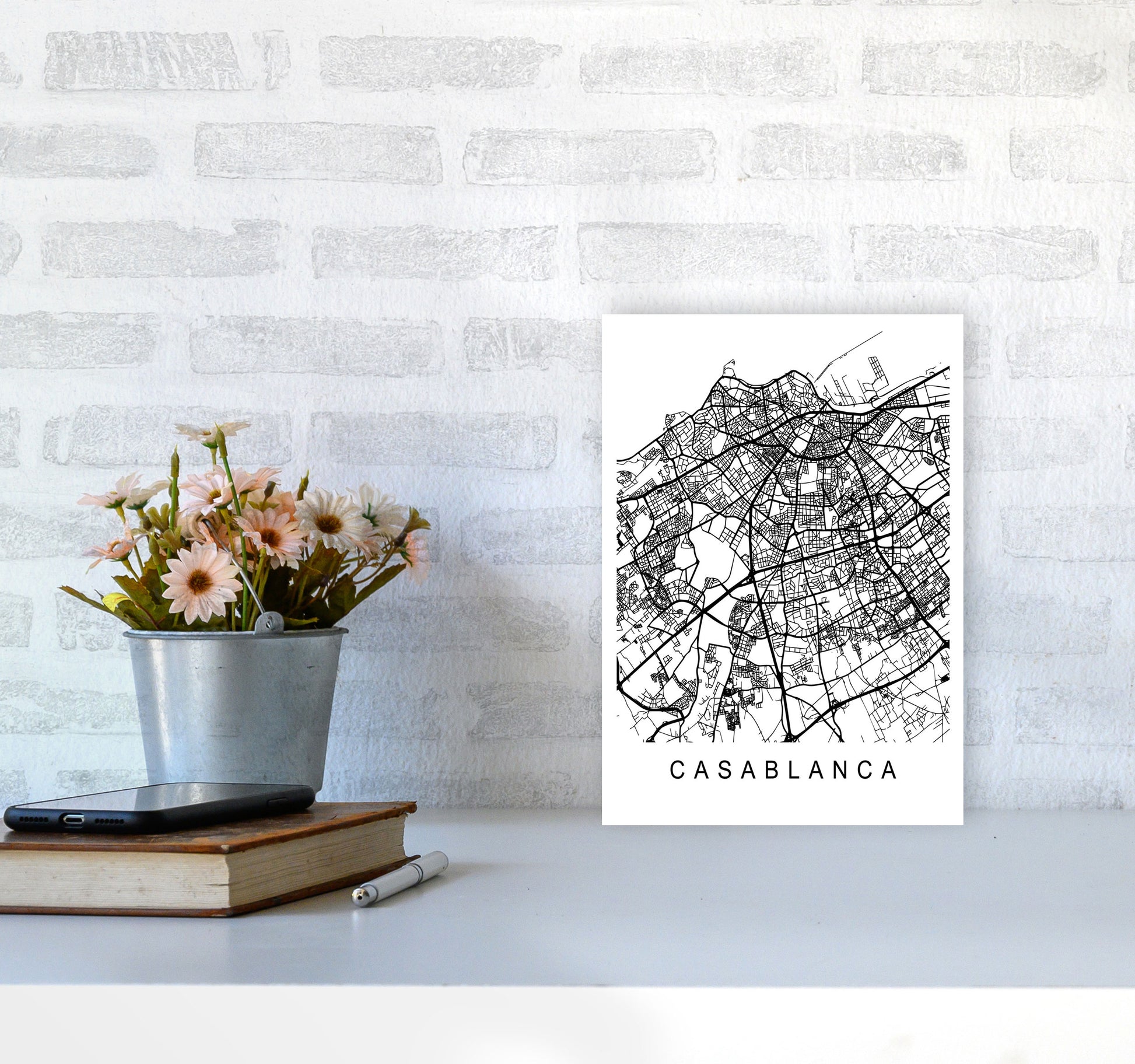 Casablanca Map Art Print by Pixy Paper A4 Black Frame