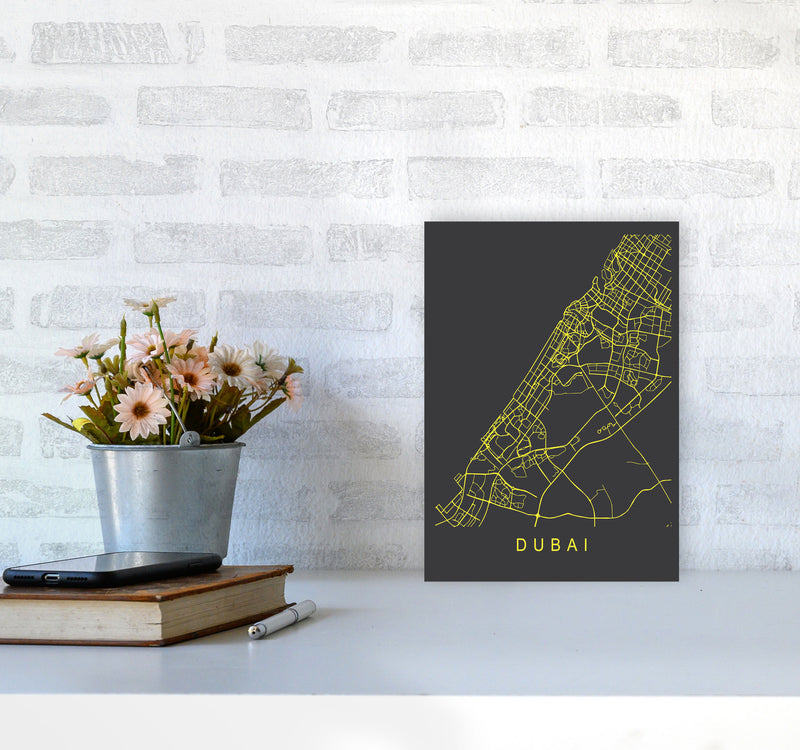 Dubai Map Neon Art Print by Pixy Paper A4 Black Frame