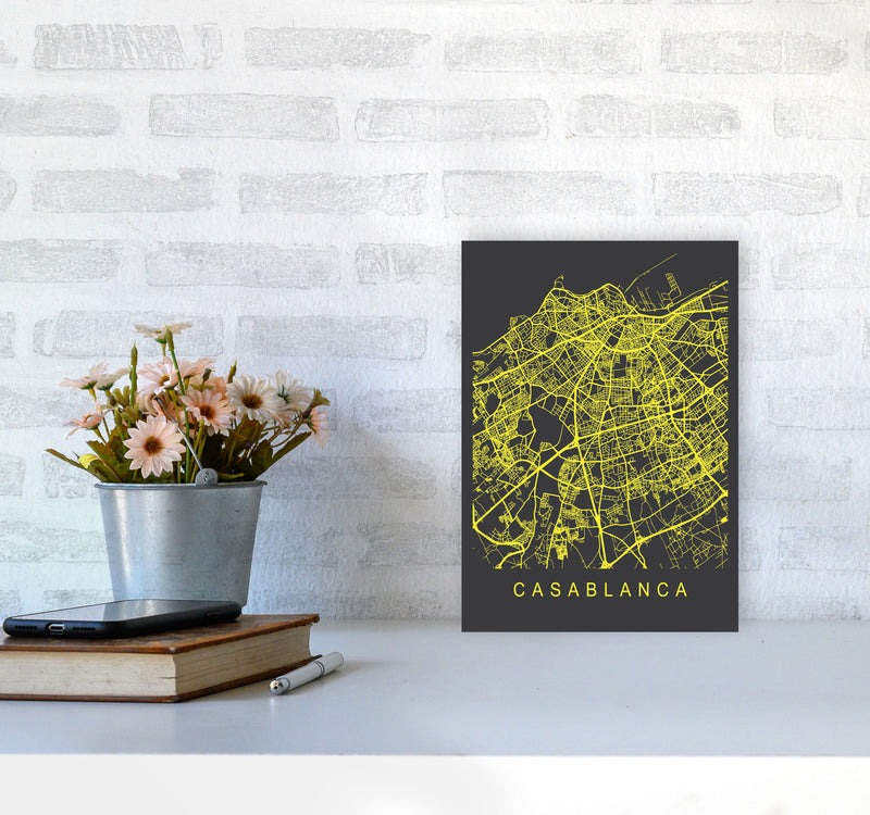 Casablanca Map Neon Art Print by Pixy Paper A4 Black Frame