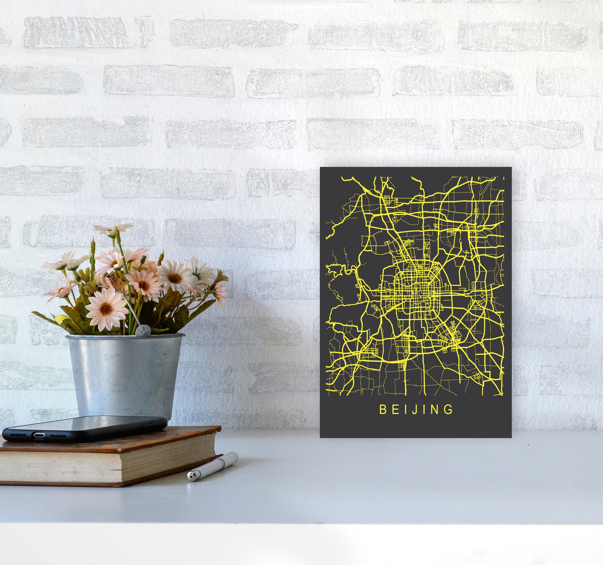 Beijing Map Neon Art Print by Pixy Paper A4 Black Frame