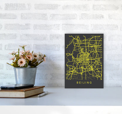 Beijing Map Neon Art Print by Pixy Paper A4 Black Frame