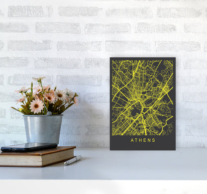 Athens Map Neon Art Print by Pixy Paper A4 Black Frame