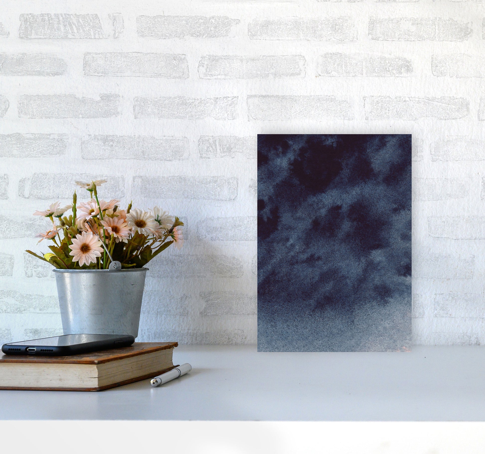 Sand Navy Watercolour Art Print by Pixy Paper A4 Black Frame