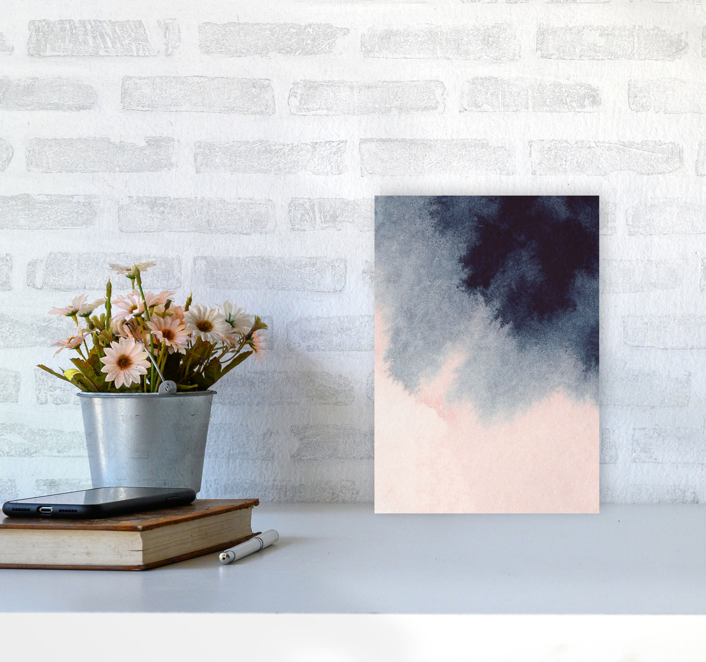 Sand Pink and Navy Watercolour 01 Art Print by Pixy Paper A4 Black Frame
