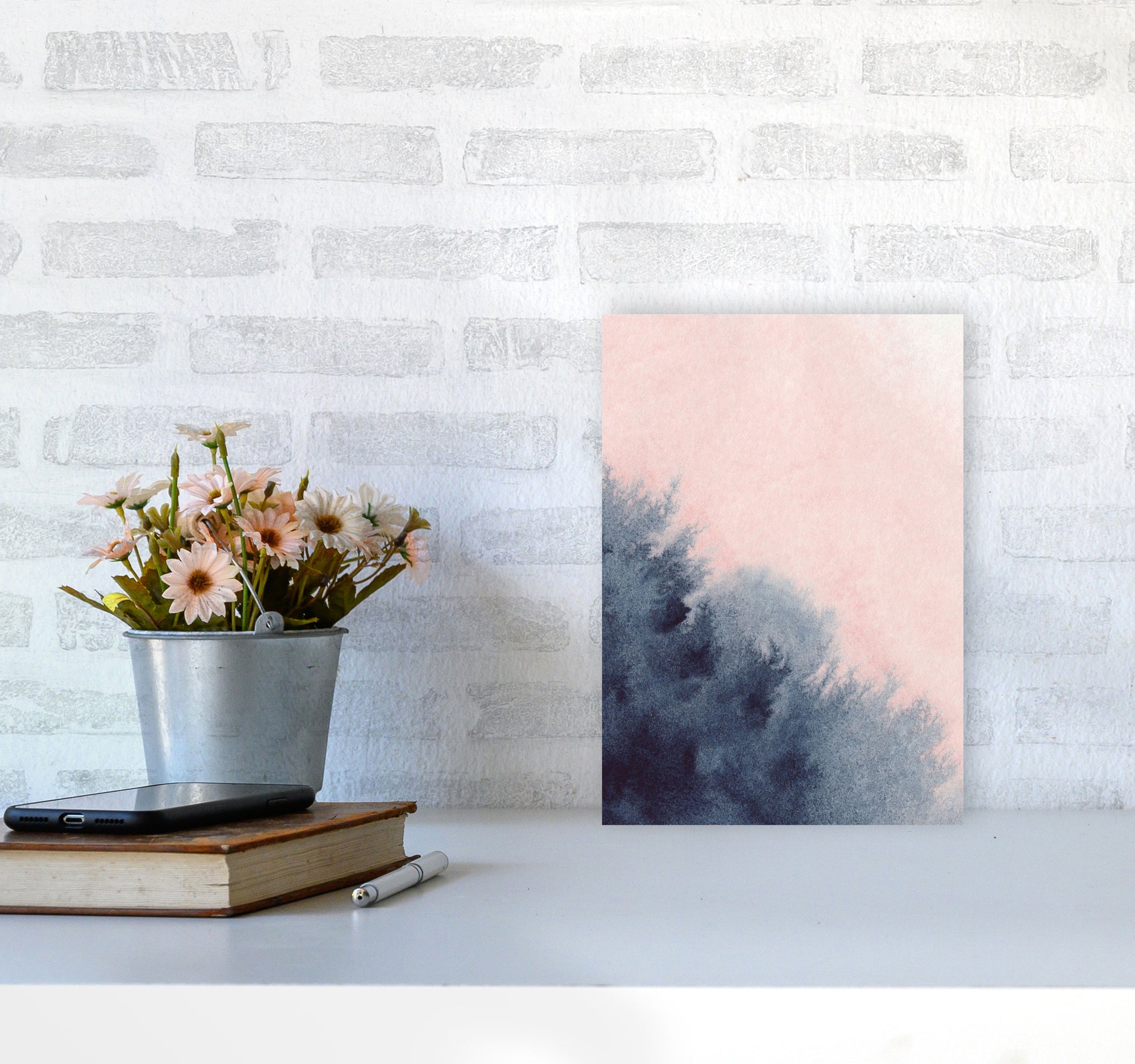 Sand Pink and Navy Watercolour 03 Art Print by Pixy Paper A4 Black Frame