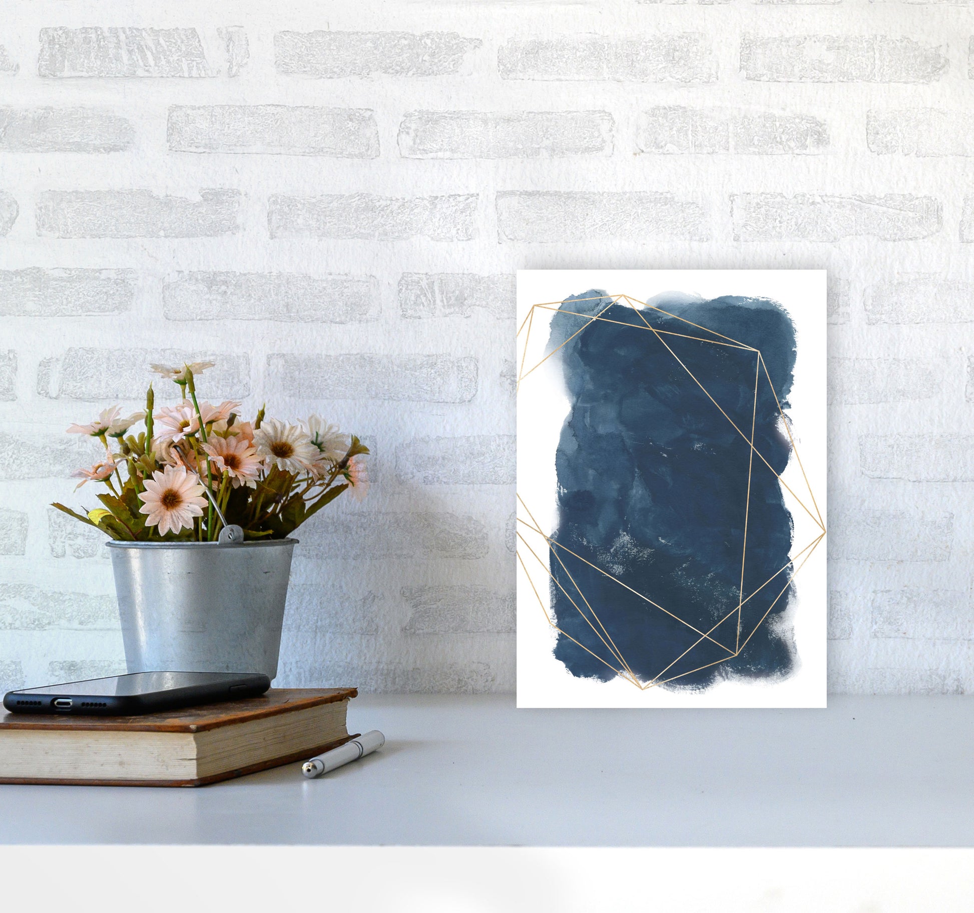 Aztec Navy Watercolour Art Print by Pixy Paper A4 Black Frame