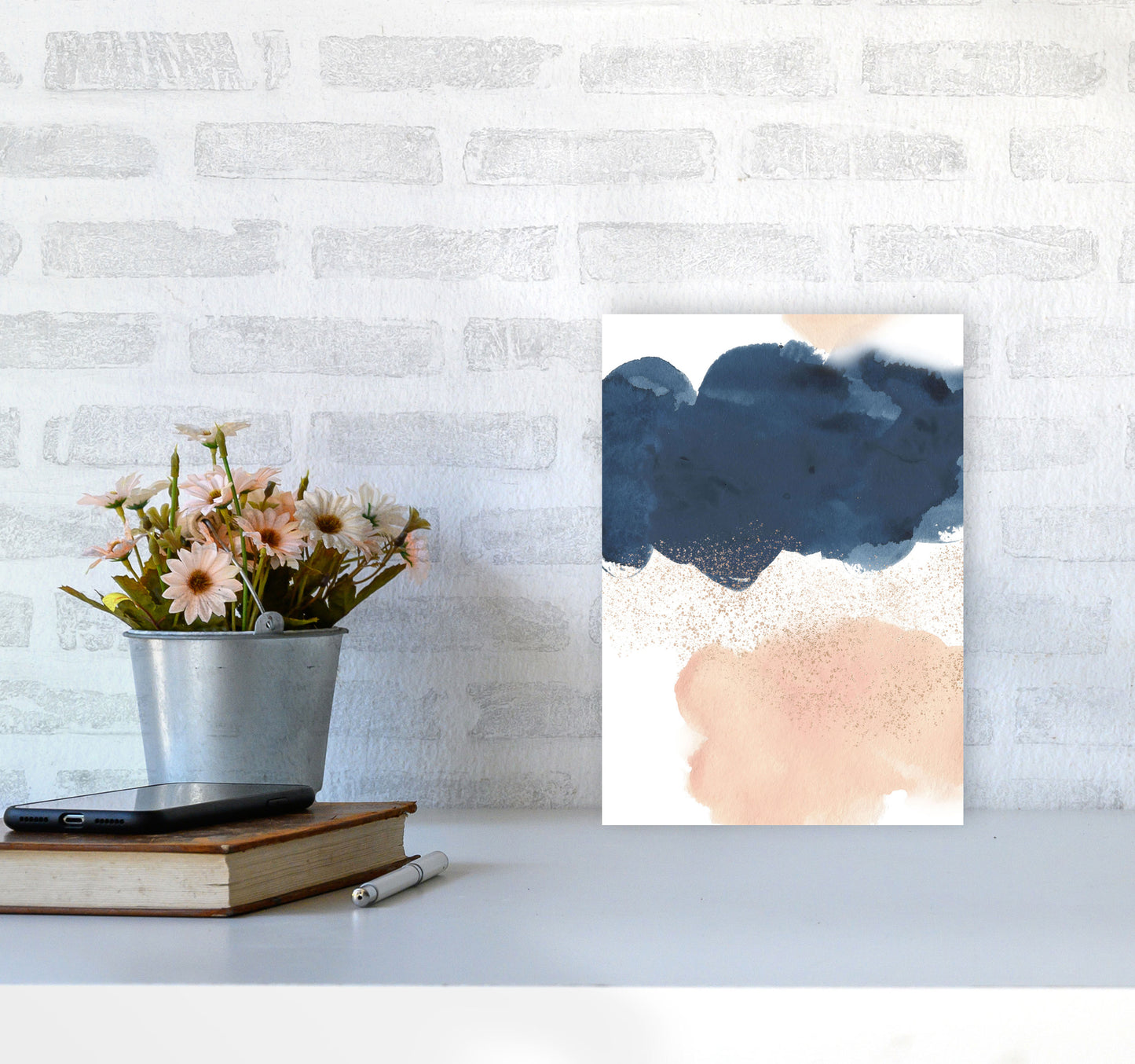 Aztec Blush and Navy Watercolour 03 Art Print by Pixy Paper A4 Black Frame