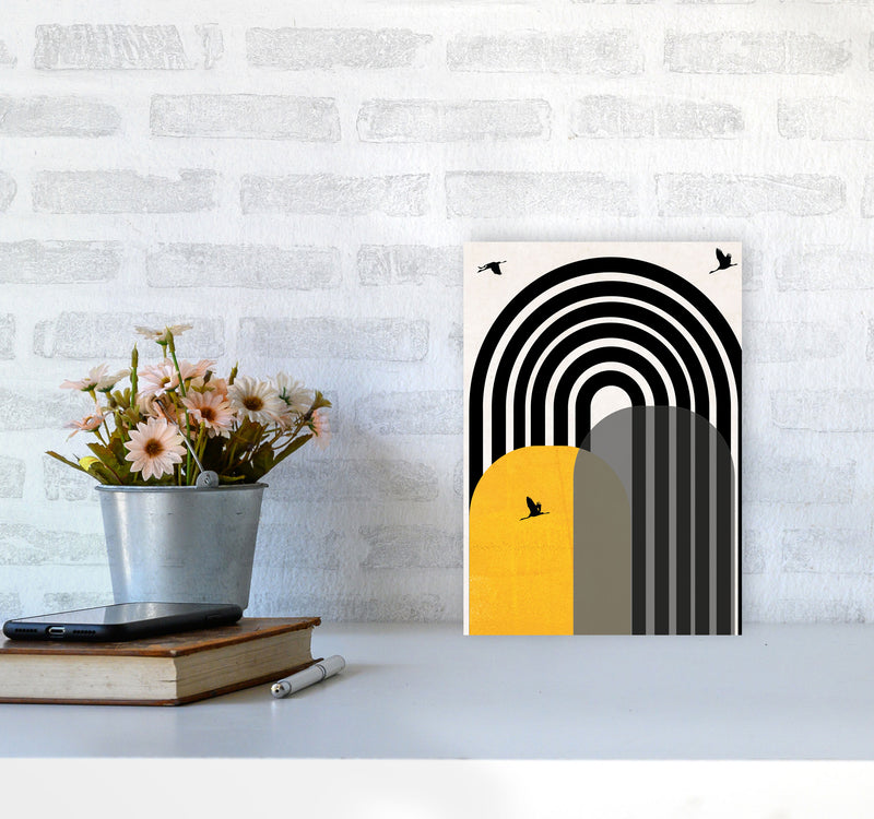 Giant rainbow with birds mustard Art Print by Pixy Paper A4 Black Frame