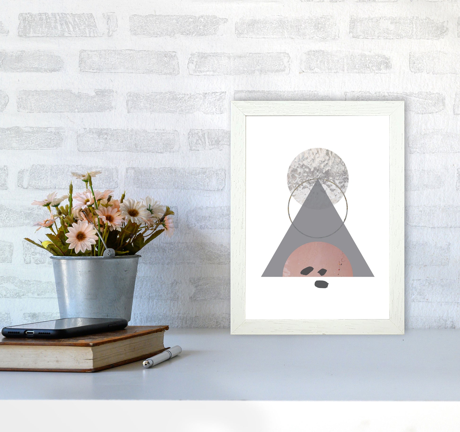 Peach, Sand And Glass Abstract Triangle Modern Print A4 Oak Frame