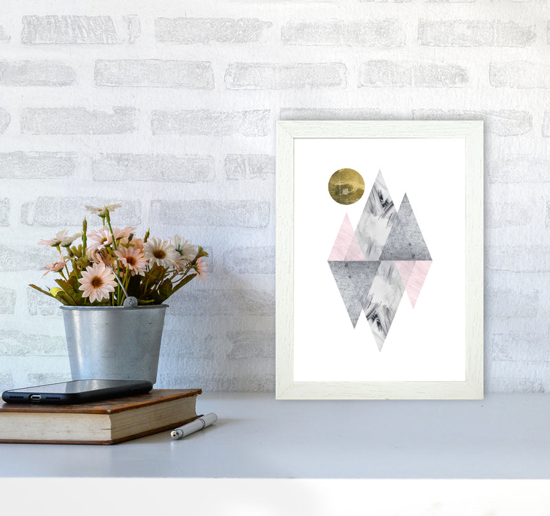 Pink And Grey Diamonds With Gold Moon Abstract Modern Print A4 Oak Frame