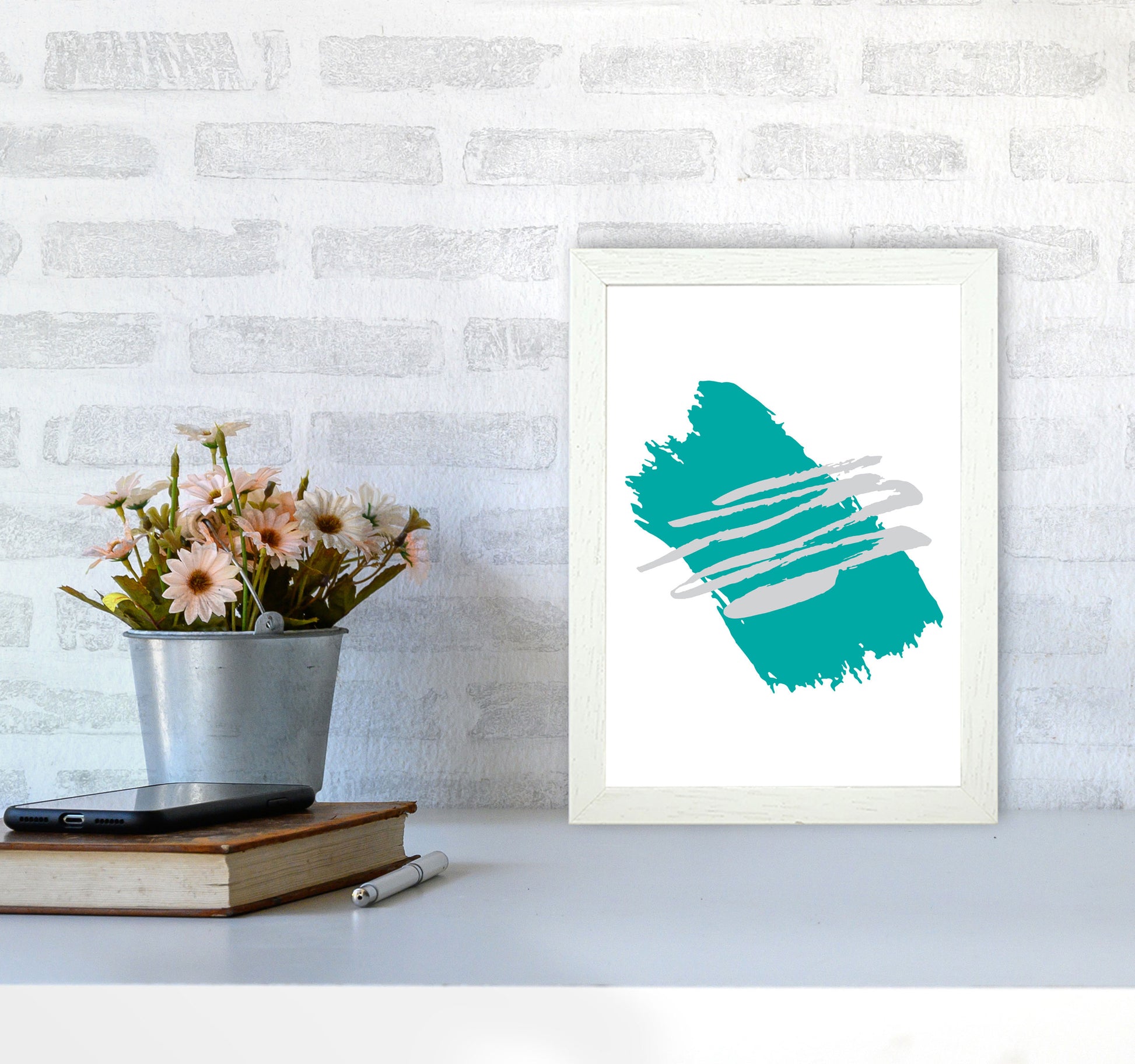 Teal Jaggered Paint Brush Abstract Modern Print A4 Oak Frame