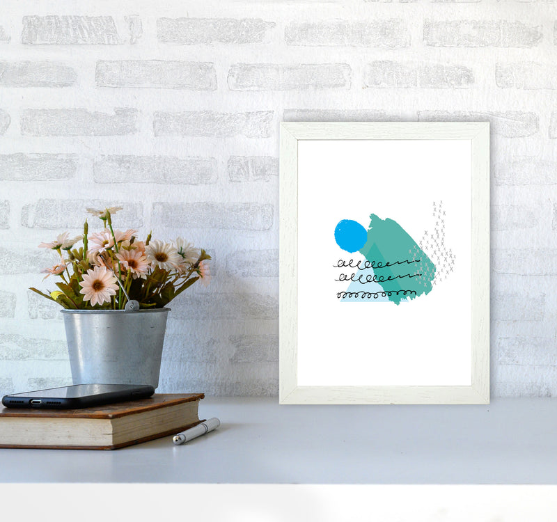 Teal And Blue Mountain Sun Abstract Modern Print A4 Oak Frame