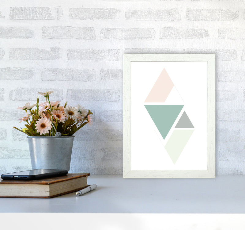 Peach, Green And Grey Abstract Triangles Modern Print A4 Oak Frame