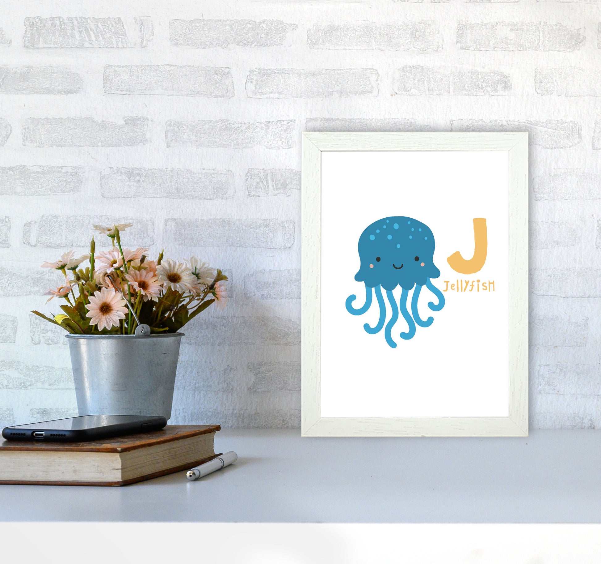 Alphabet Animals, J Is For Jellyfish Framed Nursey Wall Art Print A4 Oak Frame