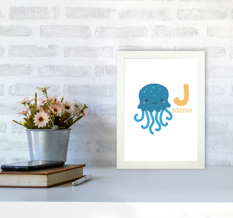 Alphabet Animals, J Is For Jellyfish Framed Nursey Wall Art Print A4 Oak Frame