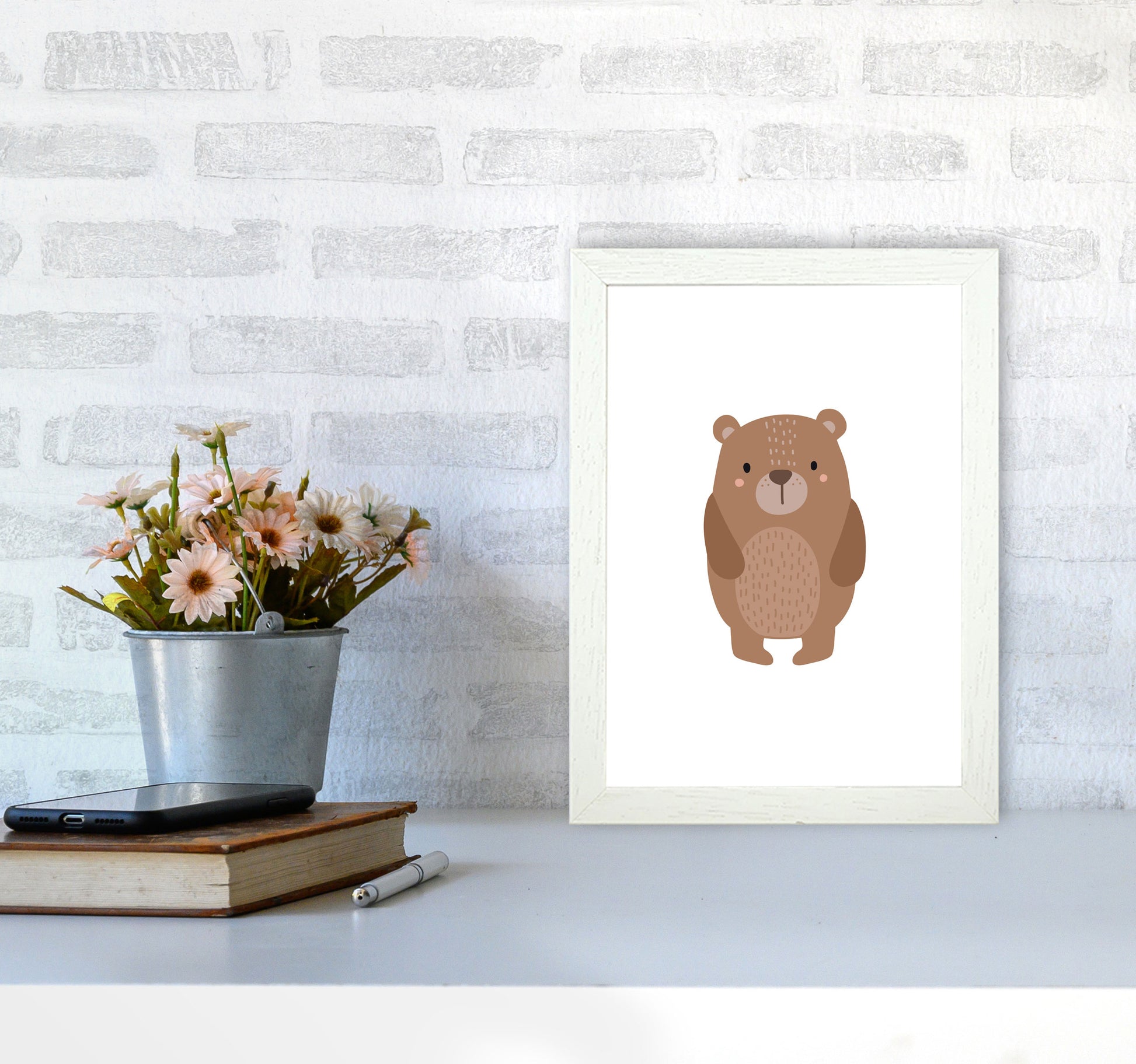 Children&#39;s Animals, Bear Modern Print A4 Oak Frame