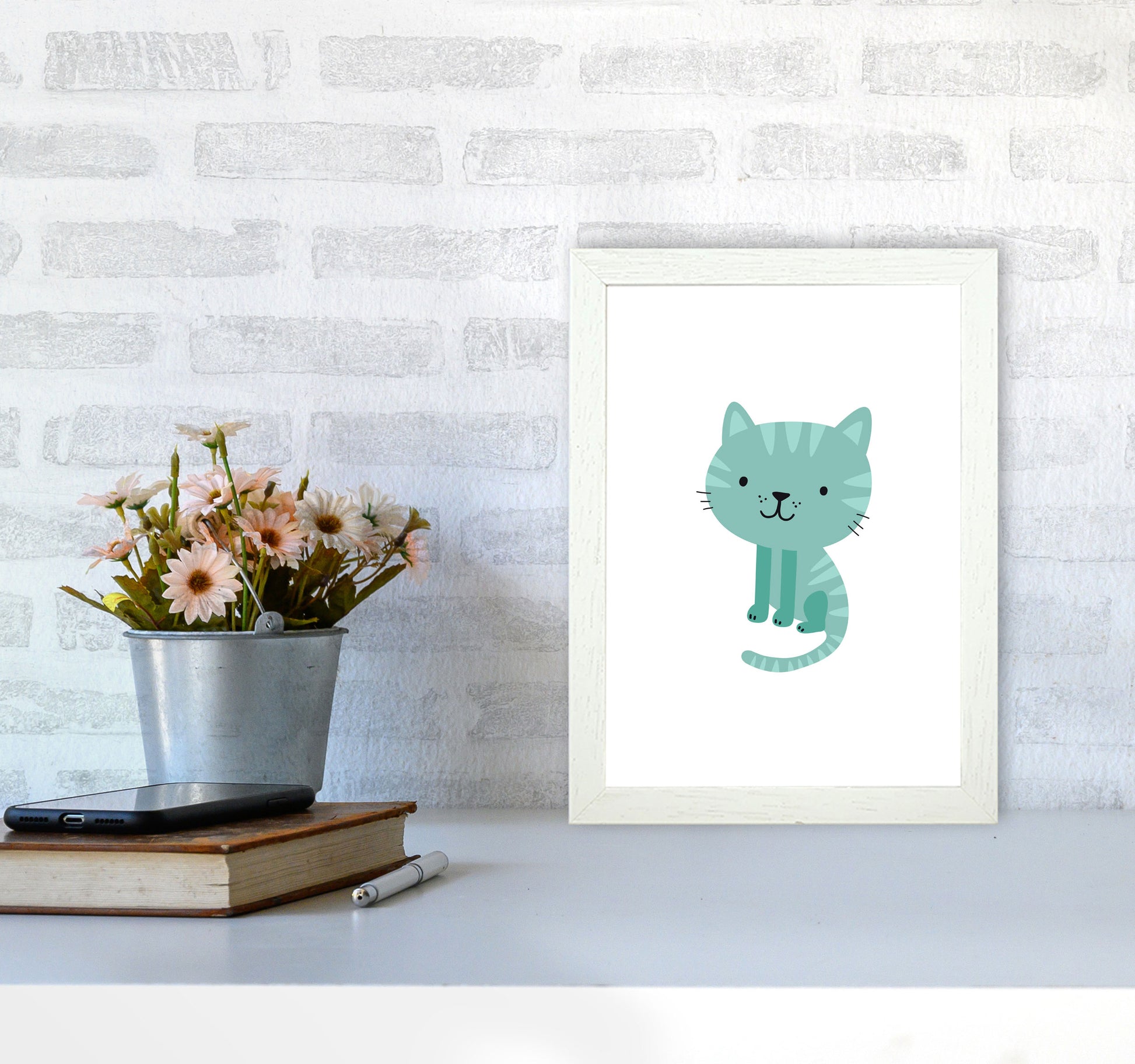 Children&#39;s Animals, Cat Modern Print A4 Oak Frame
