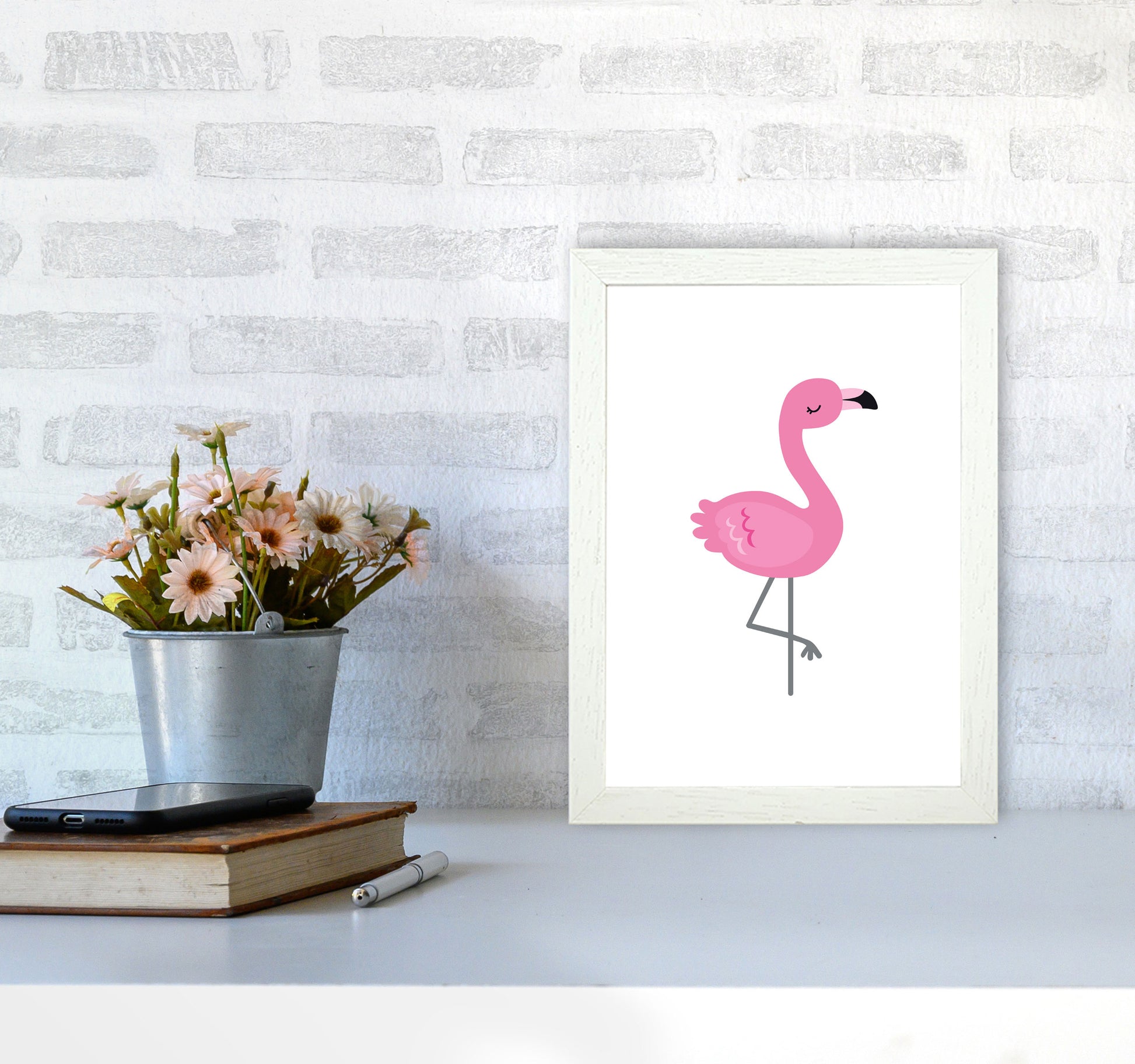 Children&#39;s Animals, Flamingo Modern Print A4 Oak Frame