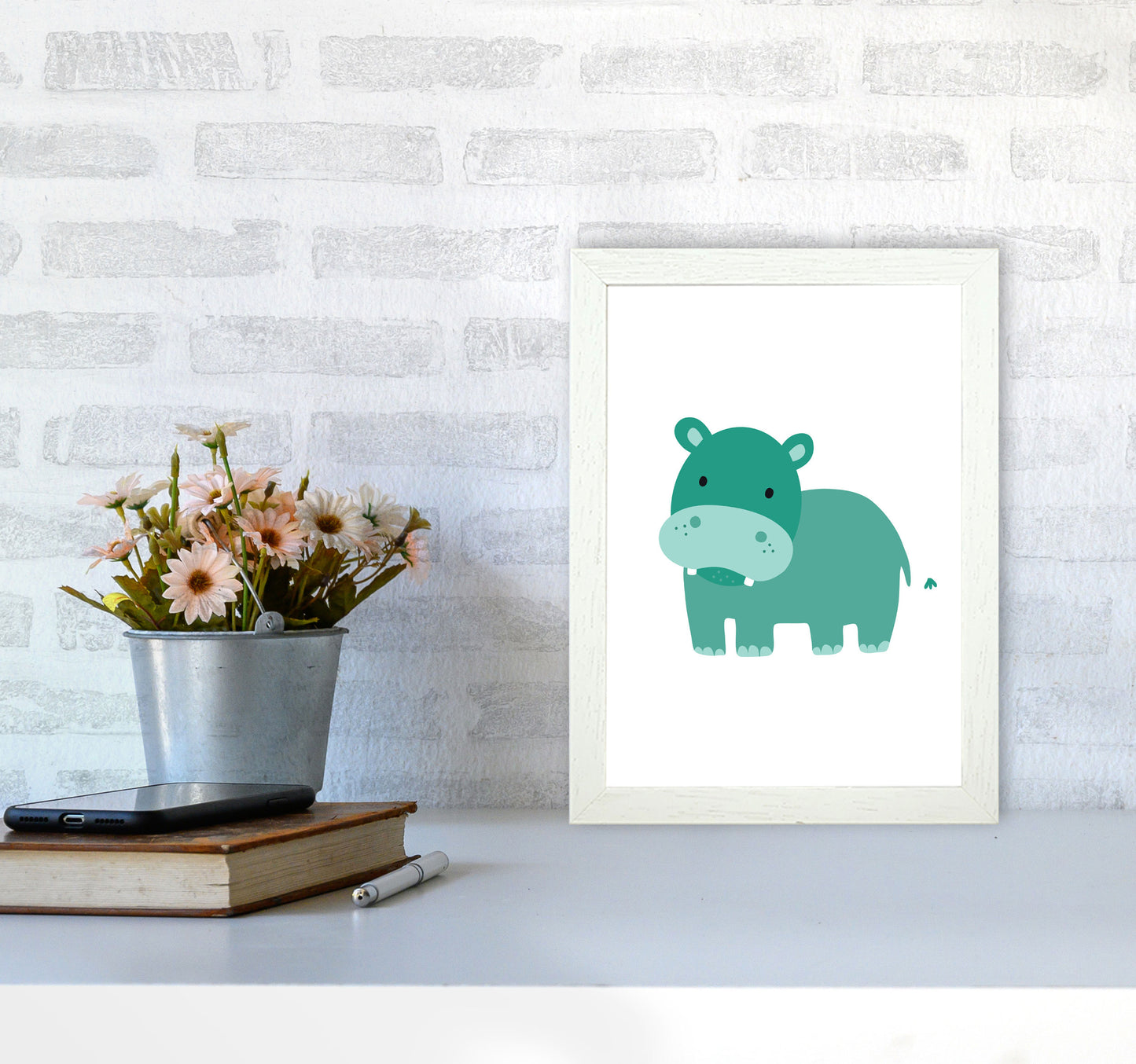 Children&#39;s Animals, Hippo Modern Print A4 Oak Frame