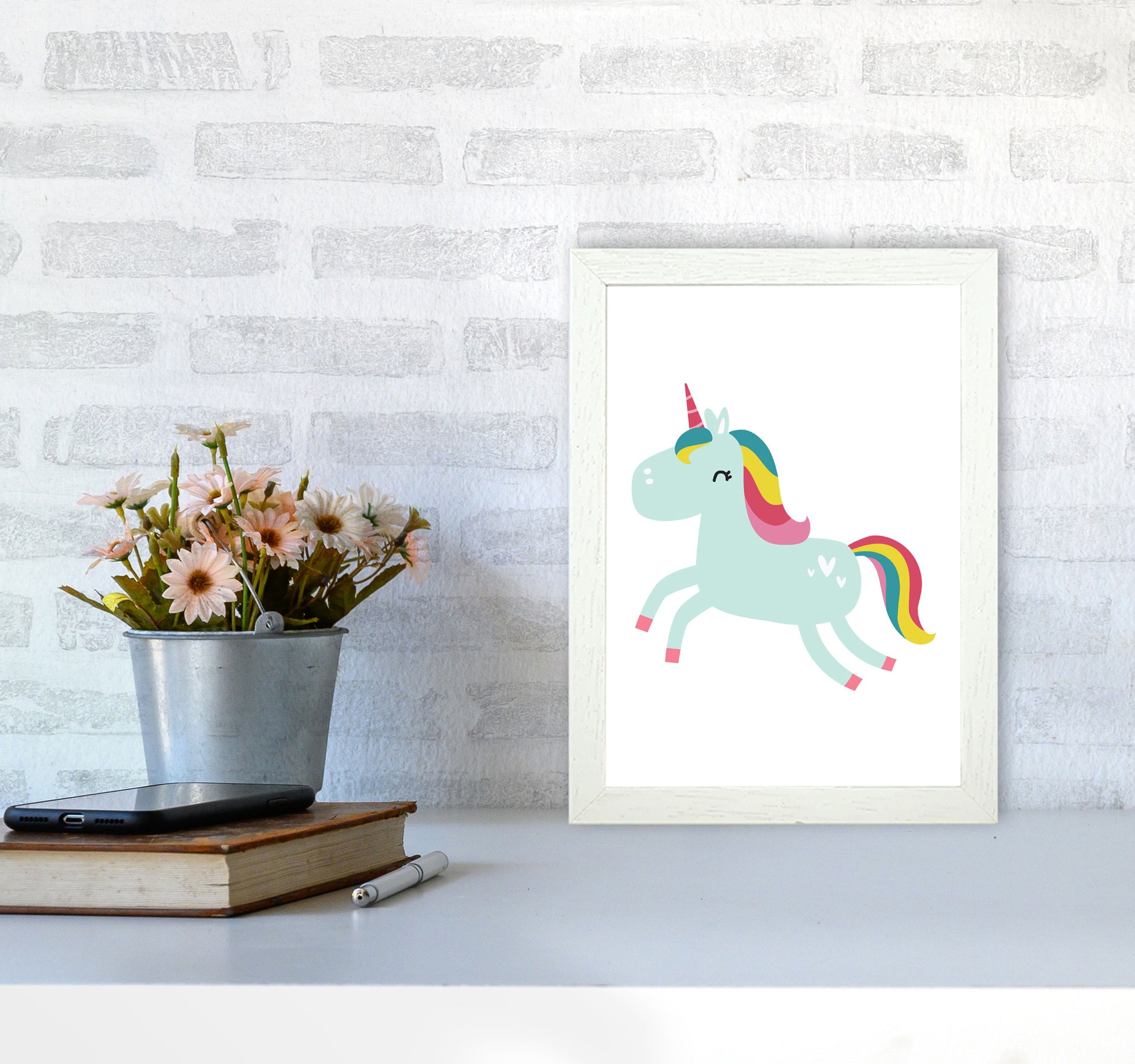 Children&#39;s Animals, Unicorn Modern Print A4 Oak Frame