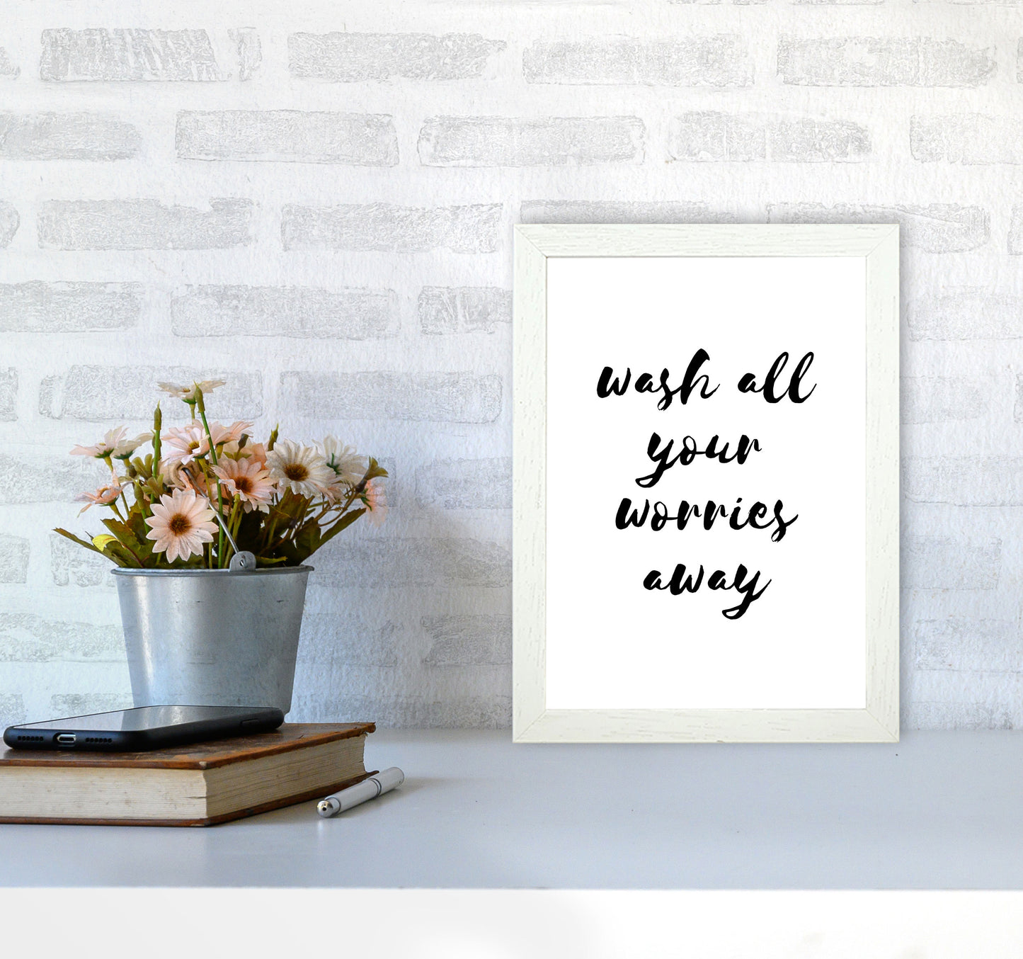 Wash All Your Worries Away, Bathroom Modern Print, Framed Bathroom Wall Art A4 Oak Frame