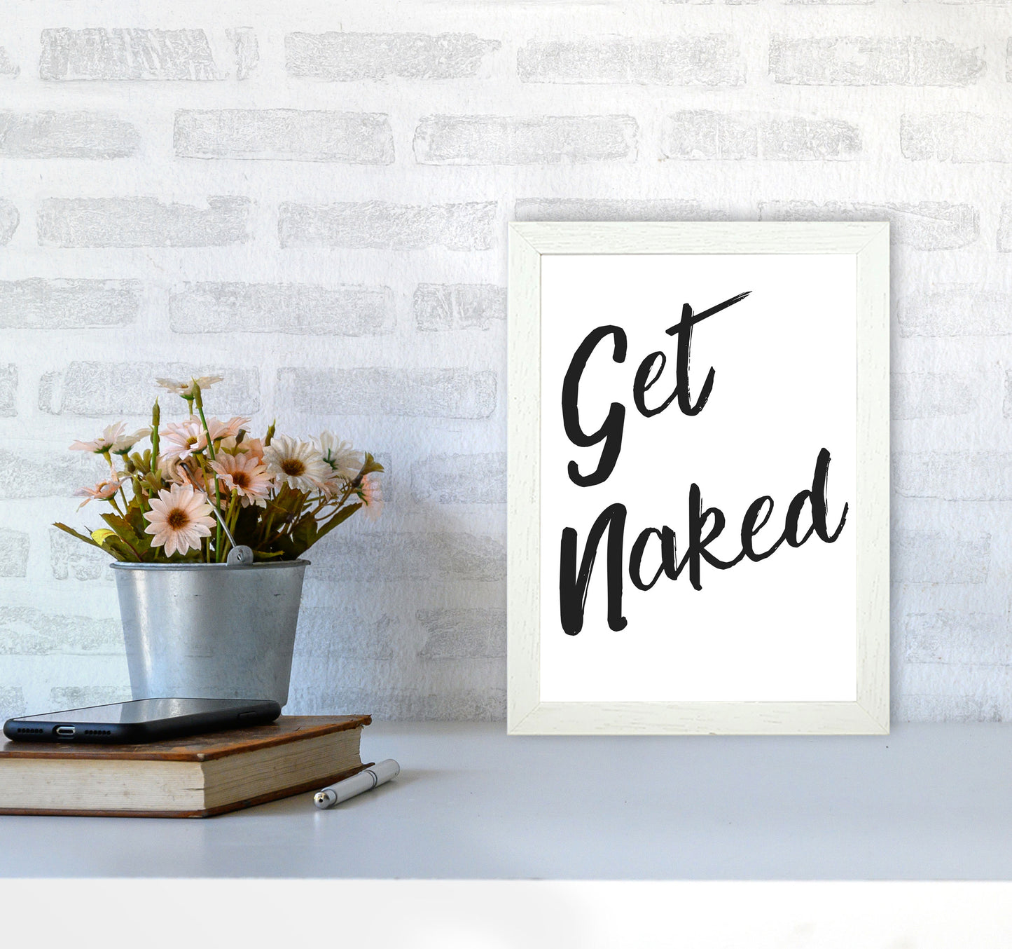 Get Naked 2, Bathroom Modern Print, Framed Bathroom Wall Art A4 Oak Frame