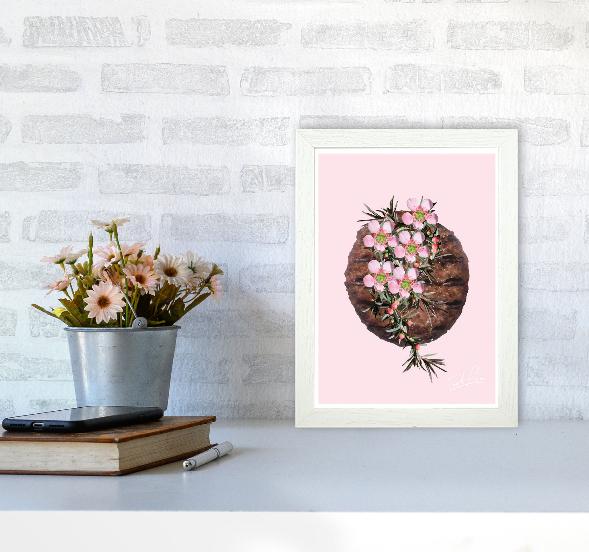 Pink Burger Floral Food Print, Framed Kitchen Wall Art A4 Oak Frame