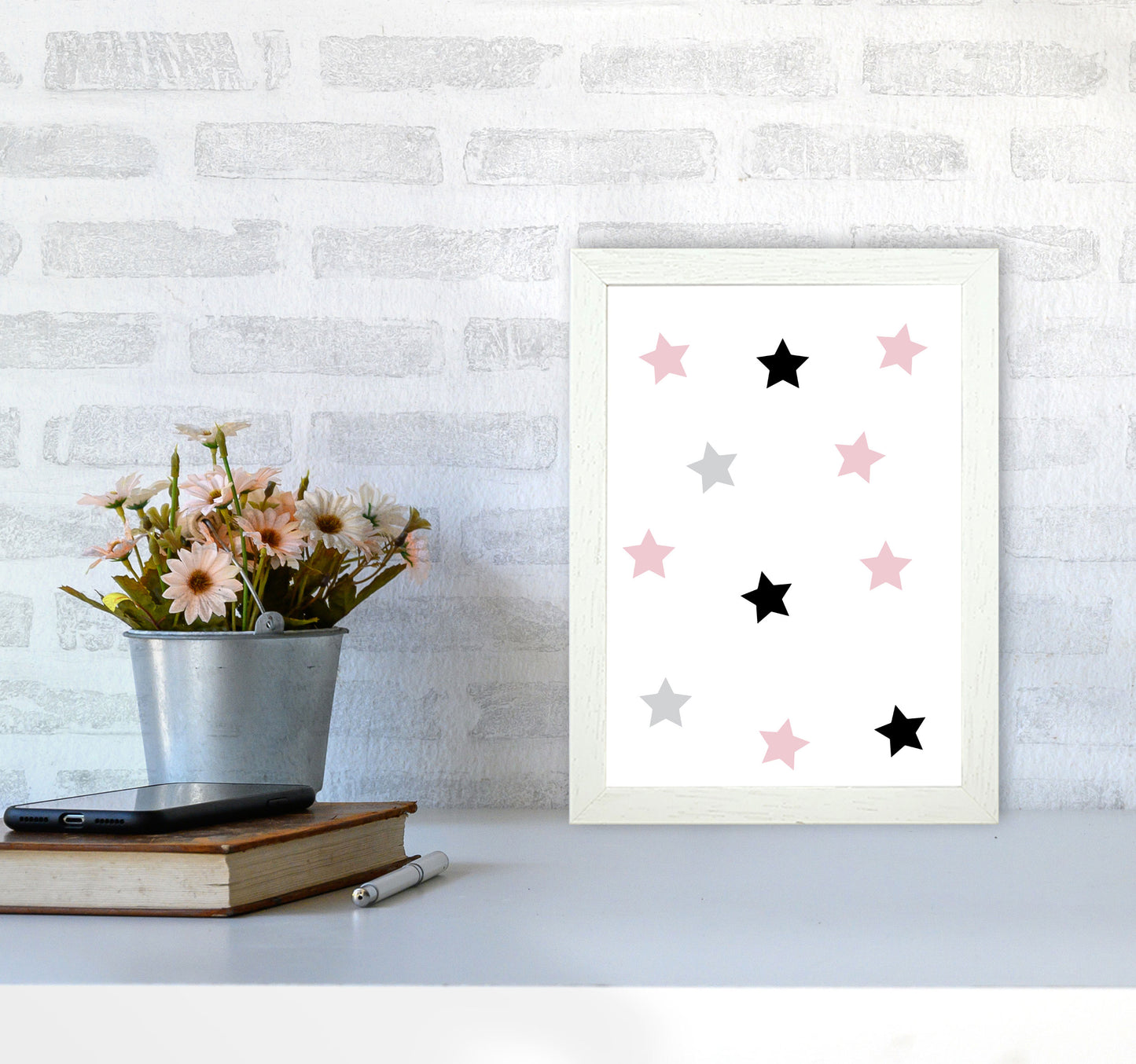 Pink Black And Grey Stars Modern Print A4 Oak Frame