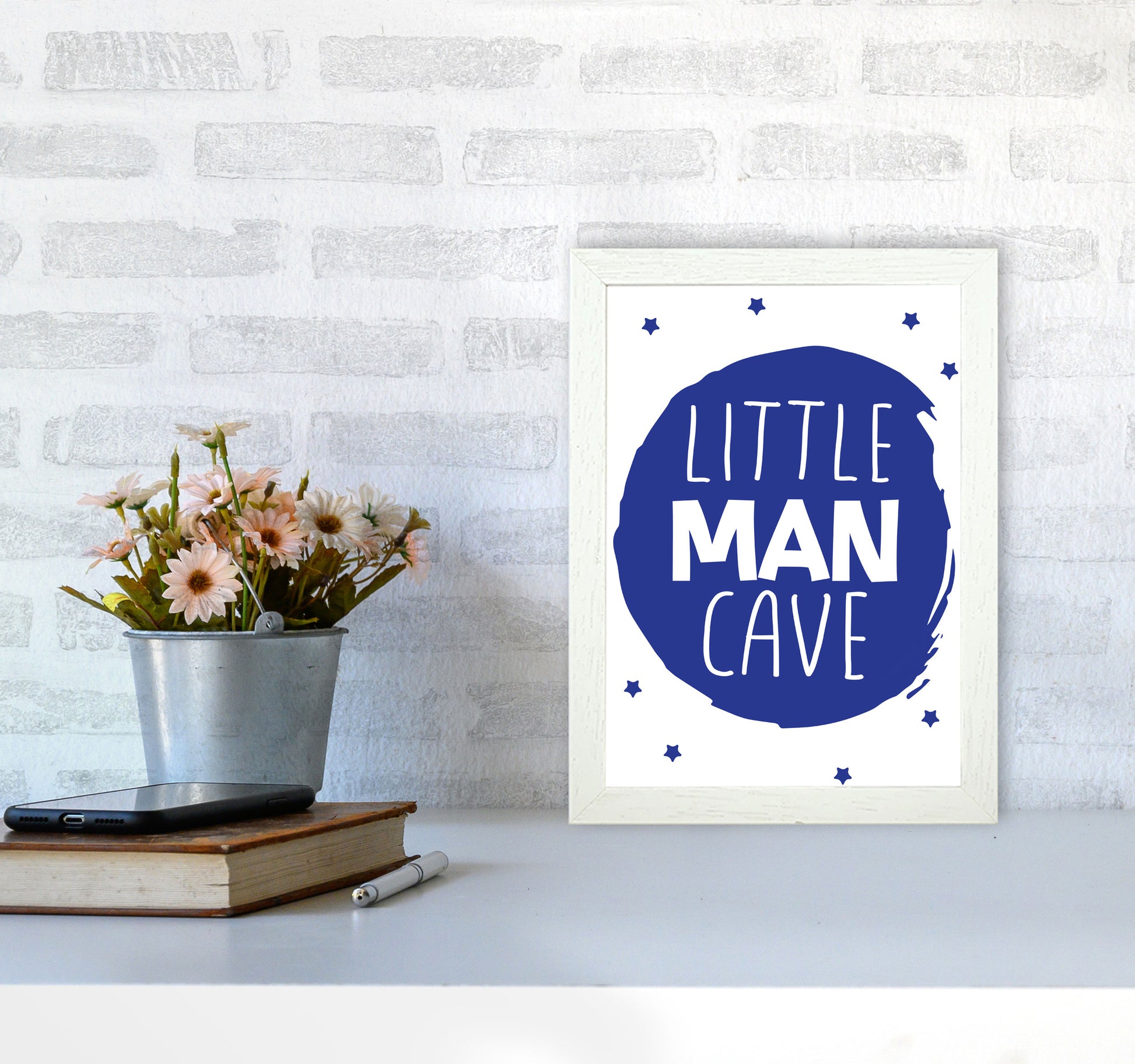 Little Man Cave Navy Circle Framed Nursey Wall Art Print A4 Oak Frame