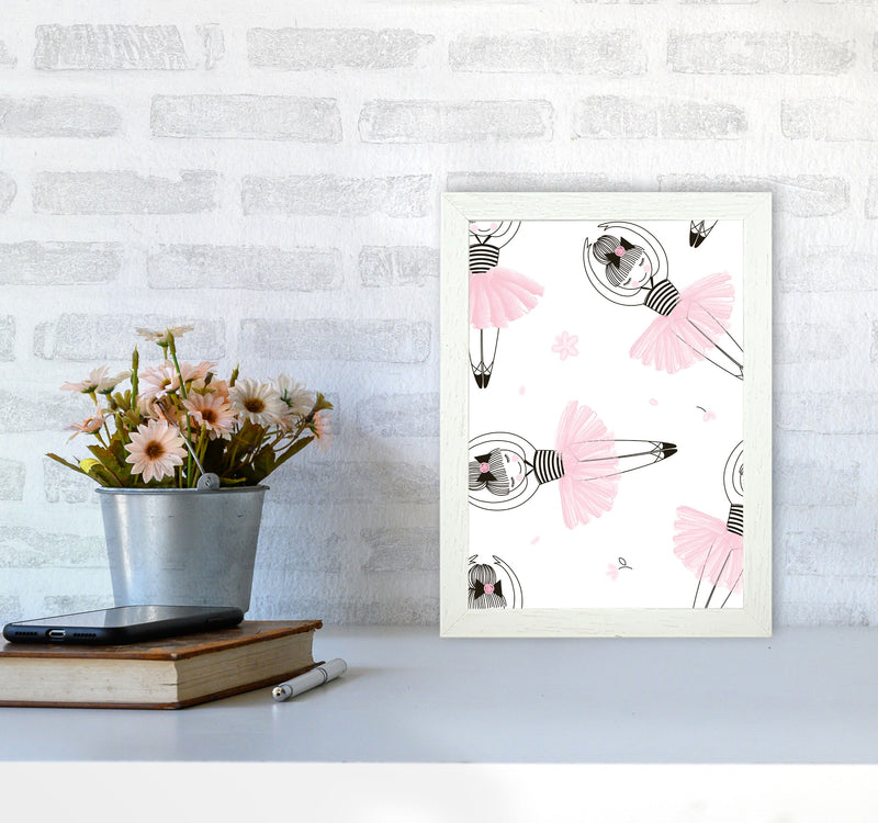 Ballerina Repeat Pattern Framed Nursey Wall Art Print A4 Oak Frame
