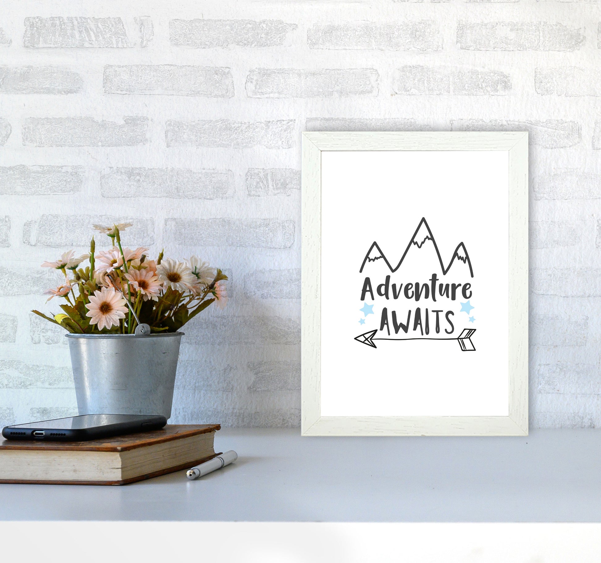 Adventure Awaits Framed Typography Wall Art Print A4 Oak Frame