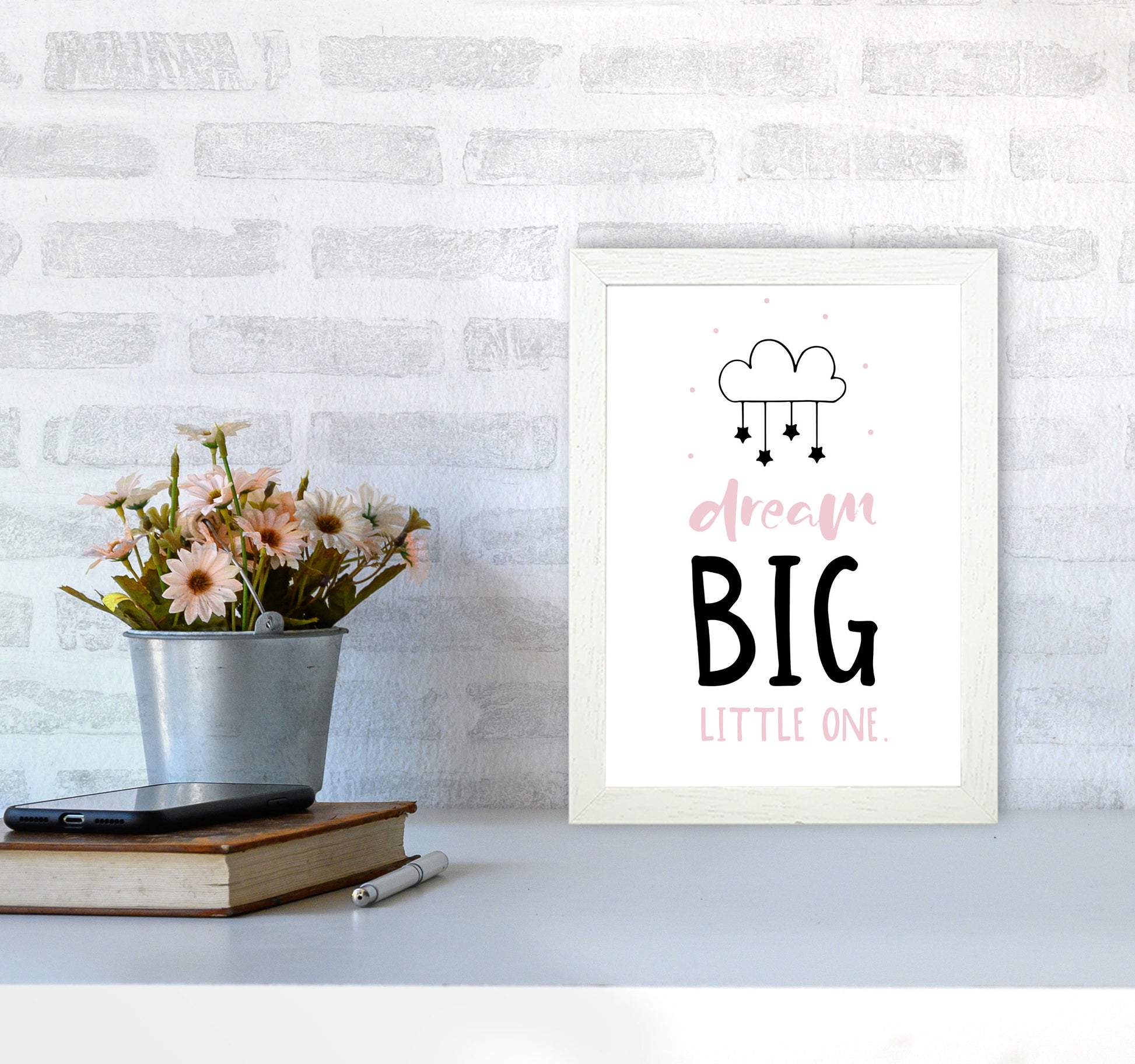 Dream Big Little One Pink And Black Framed Nursey Wall Art Print A4 Oak Frame