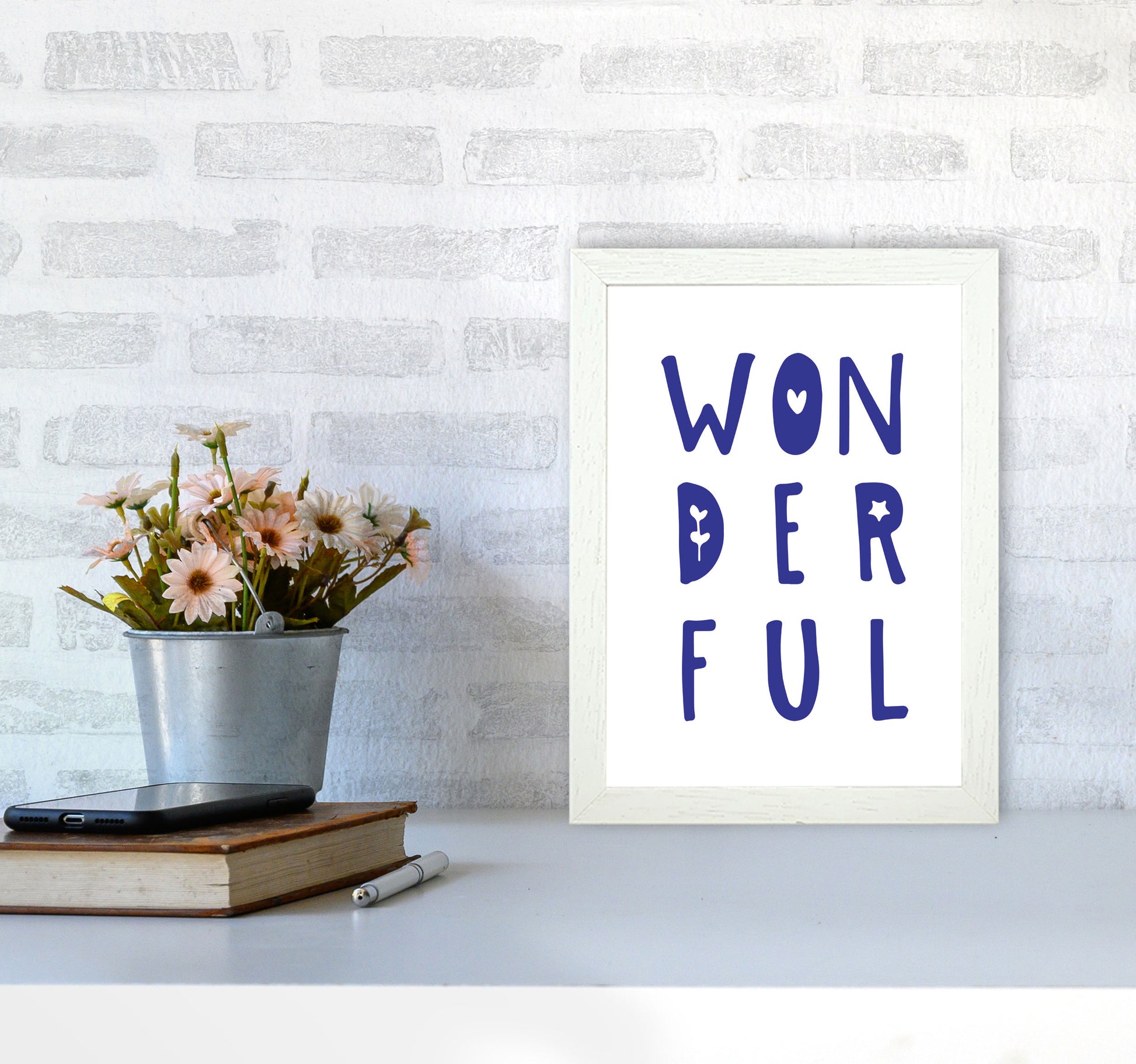 Wonderful Navy Framed Nursey Wall Art Print A4 Oak Frame