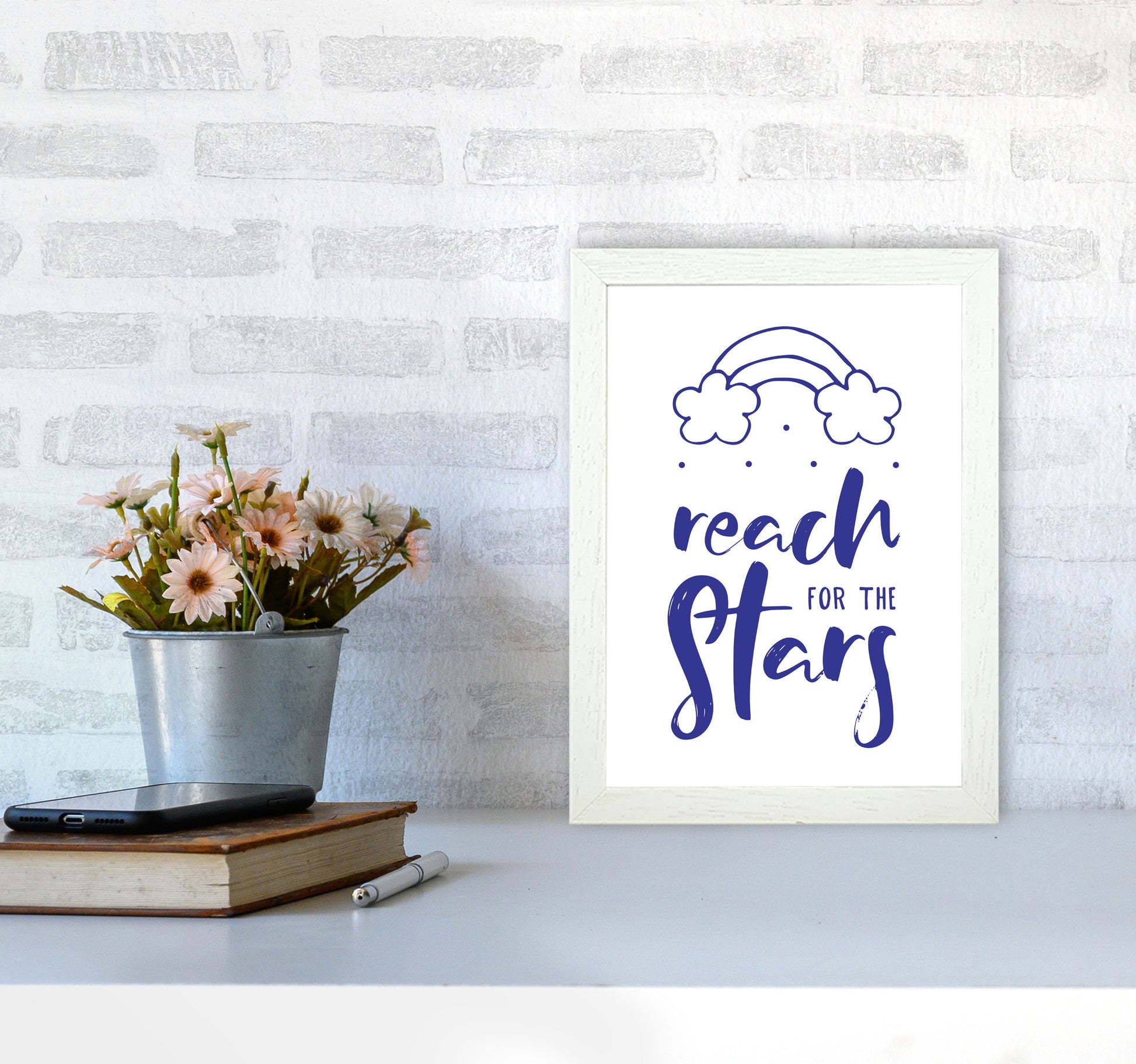 Reach For The Stars Navy Modern Print A4 Oak Frame