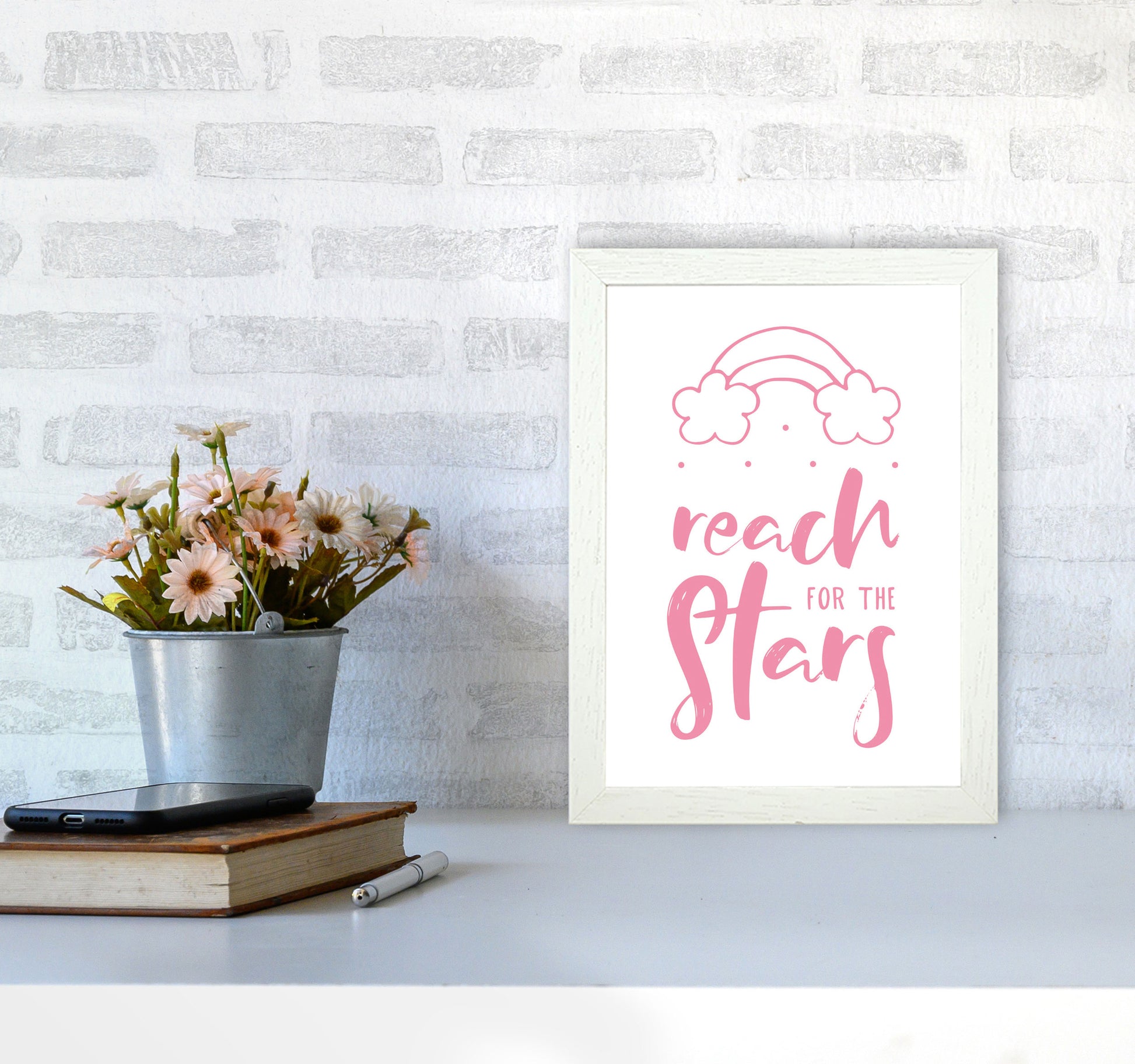 Reach For The Stars Pink Modern Print A4 Oak Frame