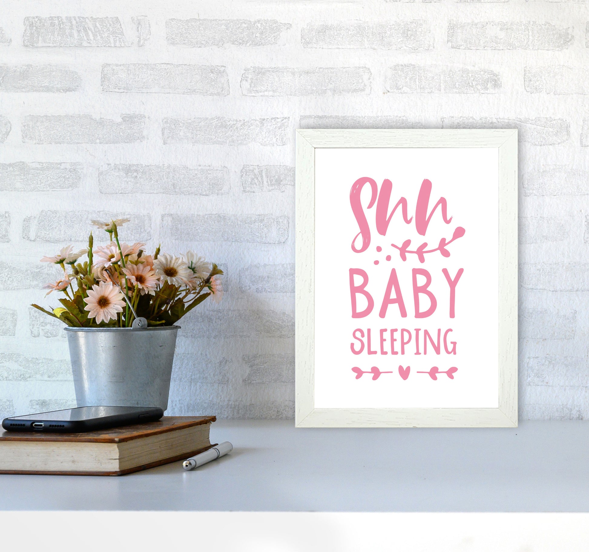 Shh Baby Sleeping Pink Framed Nursey Wall Art Print A4 Oak Frame