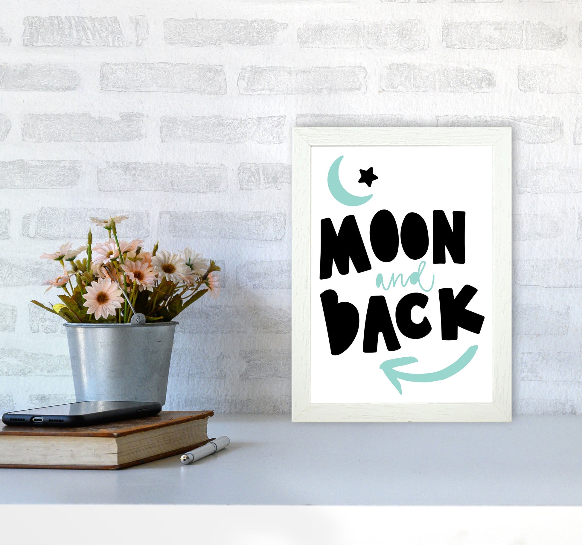 Moon And Back Black And Mint Framed Typography Wall Art Print A4 Oak Frame