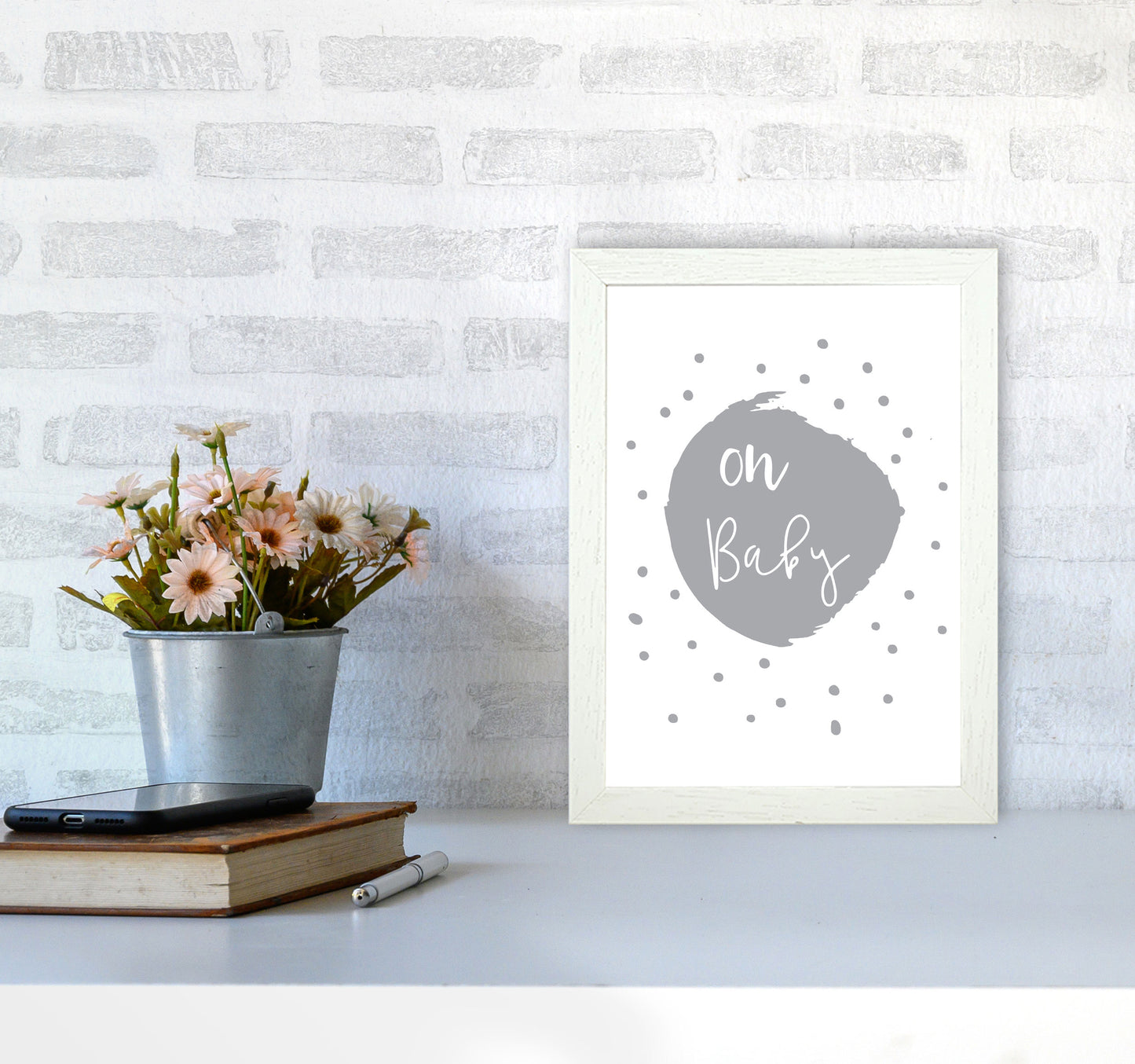 Oh Baby Grey Framed Typography Wall Art Print A4 Oak Frame