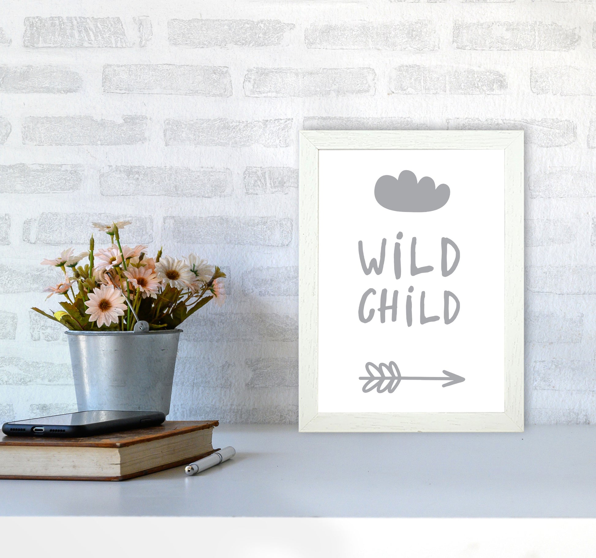 Wild Child Grey Framed Nursey Wall Art Print A4 Oak Frame
