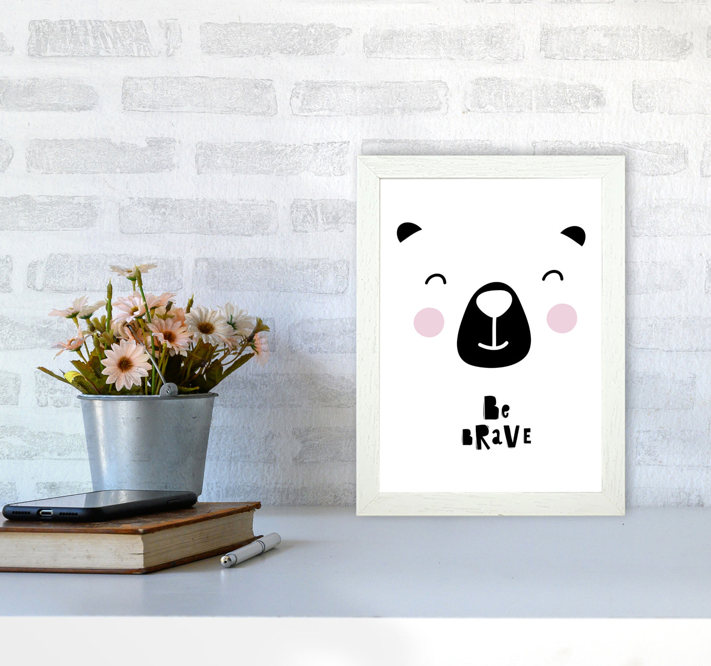 Be Brave Bear Face Framed Typography Wall Art Print A4 Oak Frame