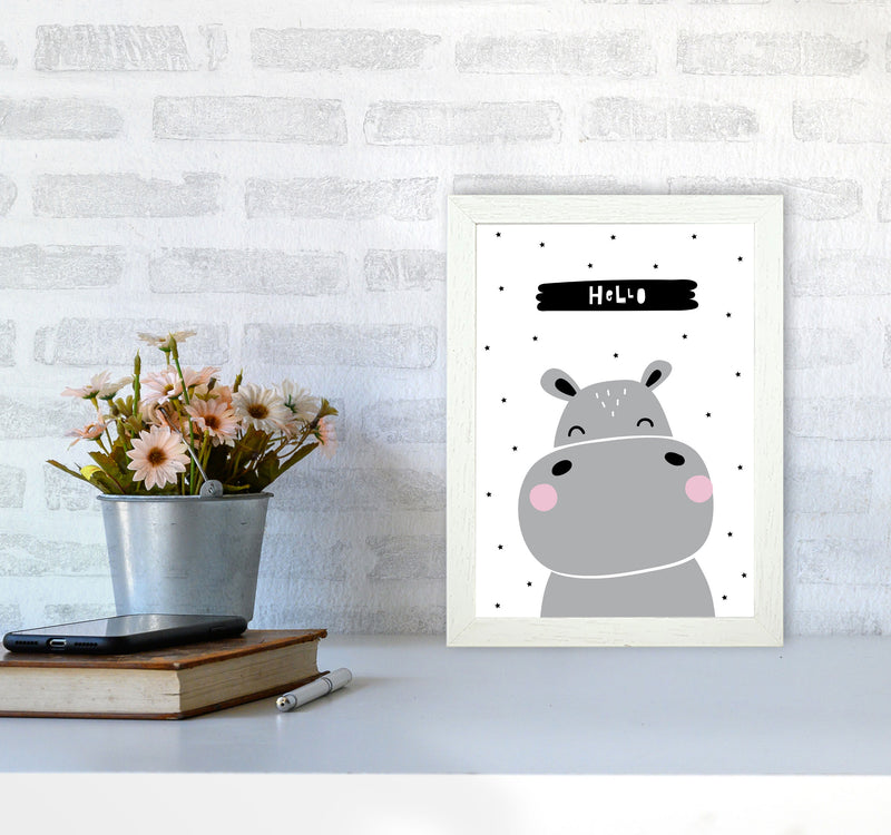 Hello Hippo Modern Print Animal Art Print A4 Oak Frame