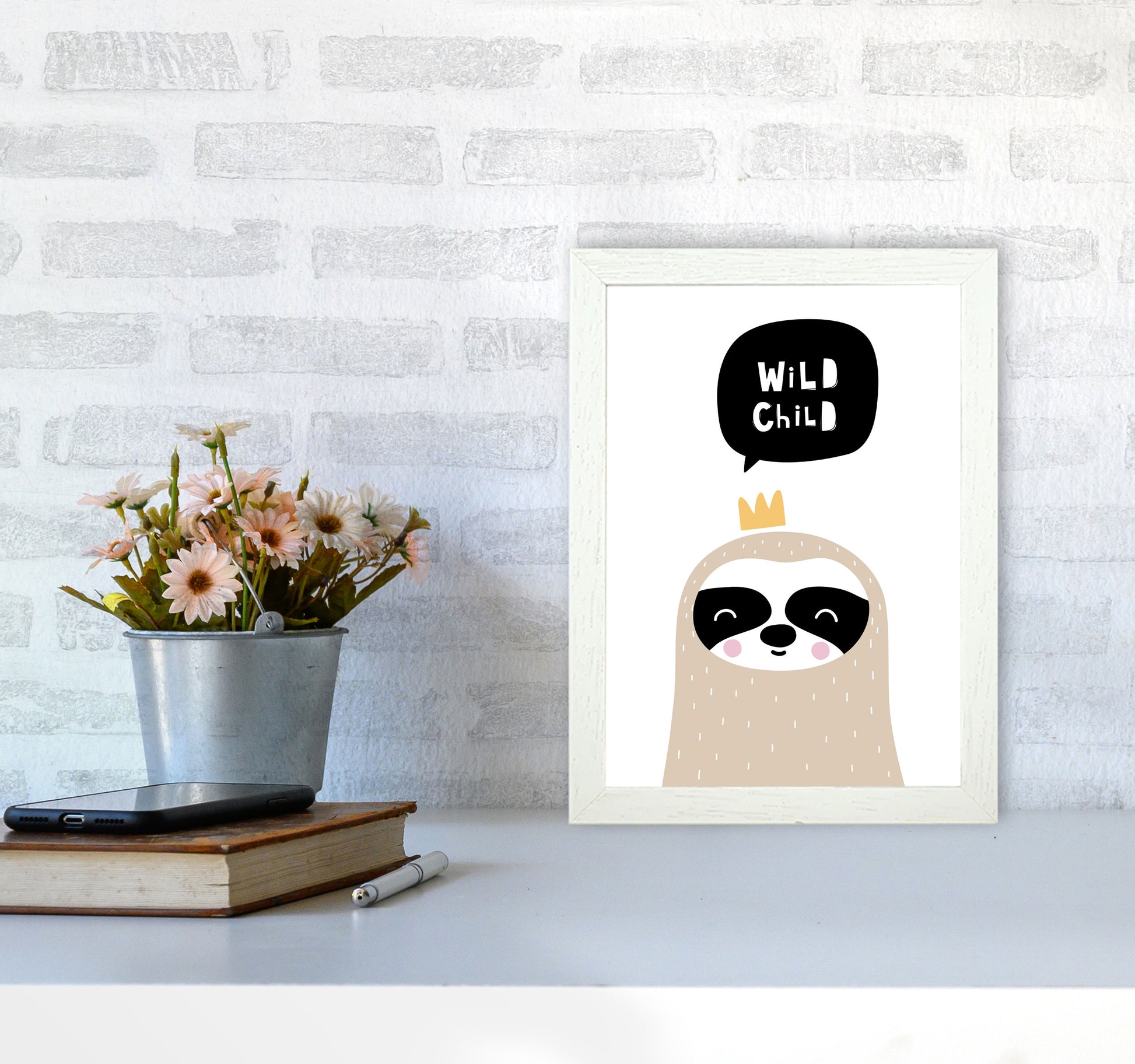 Wild Child Sloth Framed Nursey Wall Art Print A4 Oak Frame