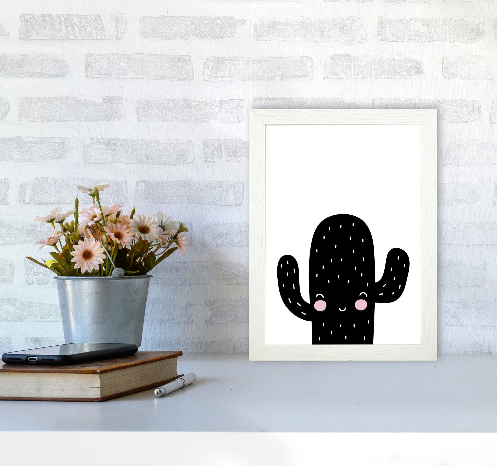 Black Scandi Cactus Modern Print, Framed Botanical & Nature Art Print A4 Oak Frame