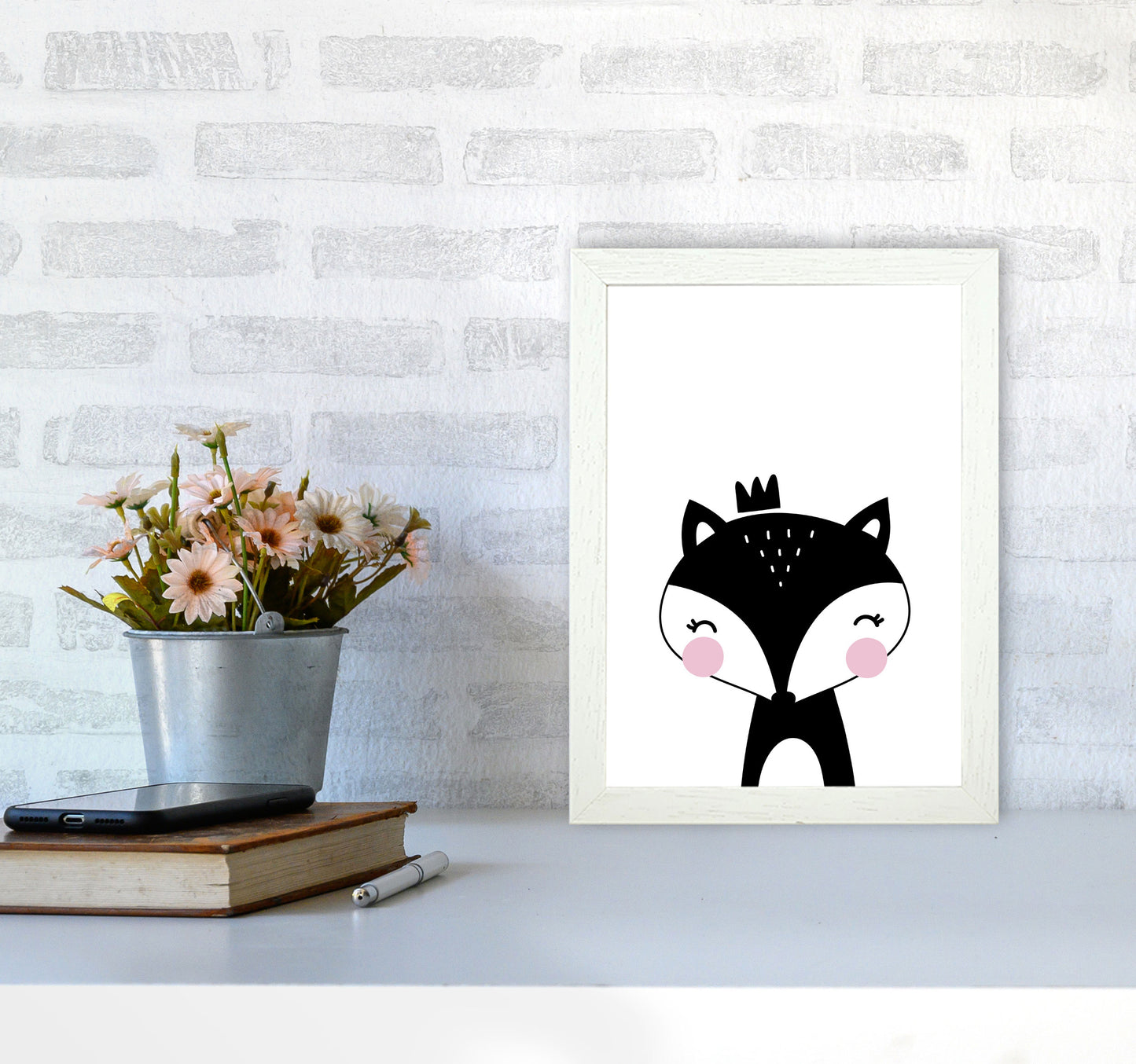 Scandi Black Fox With Crown Framed Nursey Wall Art Print A4 Oak Frame