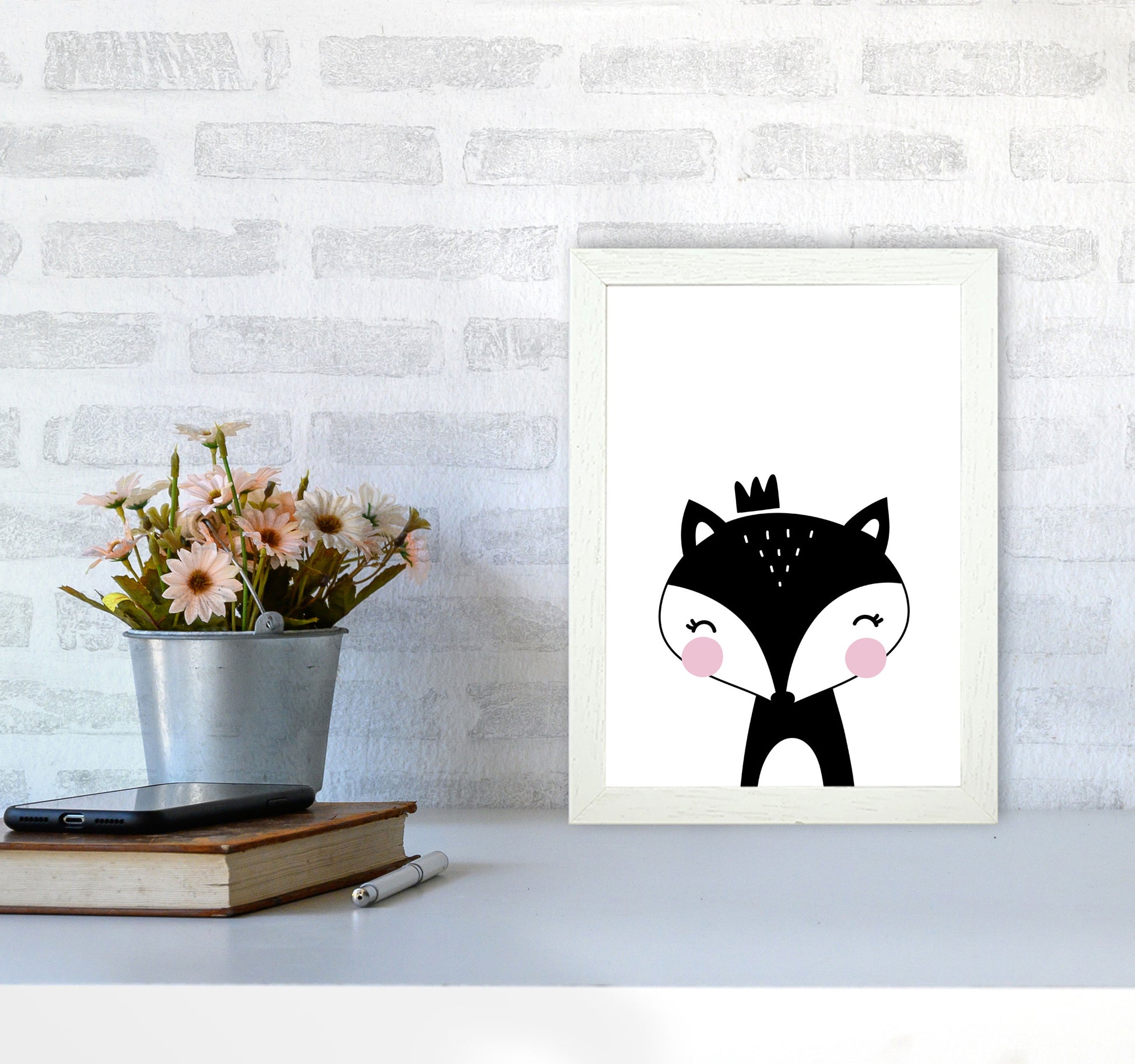 Scandi Black Fox With Crown Framed Nursey Wall Art Print A4 Oak Frame